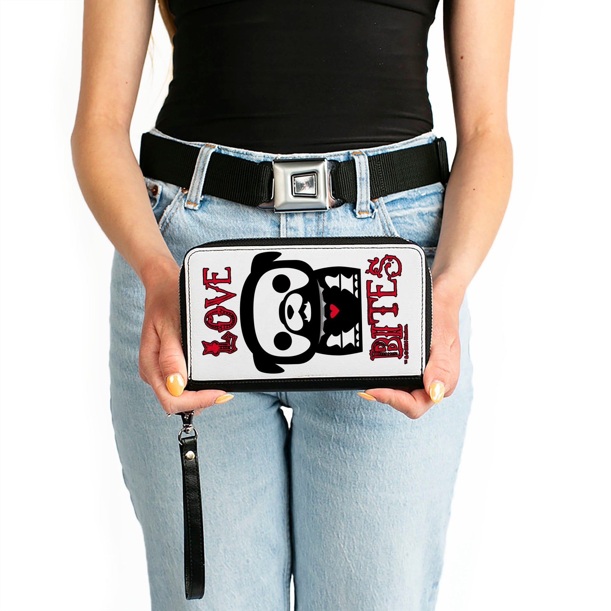 PU Zip Around Wallet Rectangle - Skelanimals Maxx the Bulldog LOVE BITES Pose White/Black/Red Clutch Zip Around Wallets Skelanimals