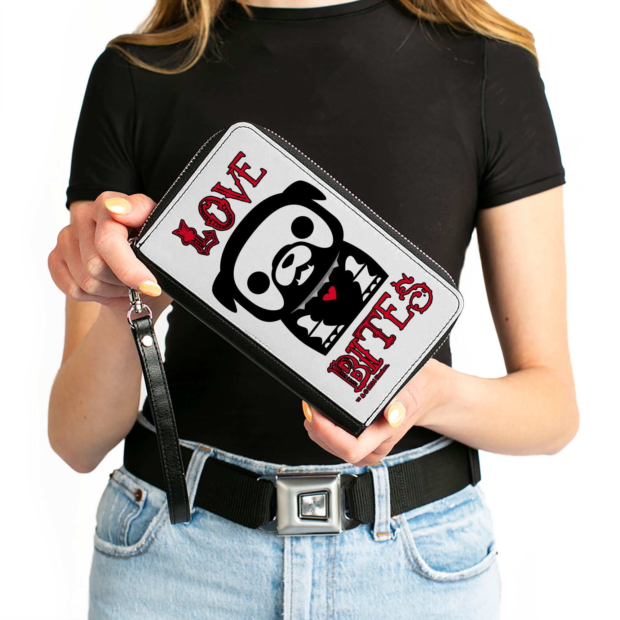 PU Zip Around Wallet Rectangle - Skelanimals Maxx the Bulldog LOVE BITES Pose White/Black/Red Clutch Zip Around Wallets Skelanimals