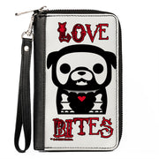 PU Zip Around Wallet Rectangle - Skelanimals Maxx the Bulldog LOVE BITES Pose White/Black/Red Clutch Zip Around Wallets Skelanimals