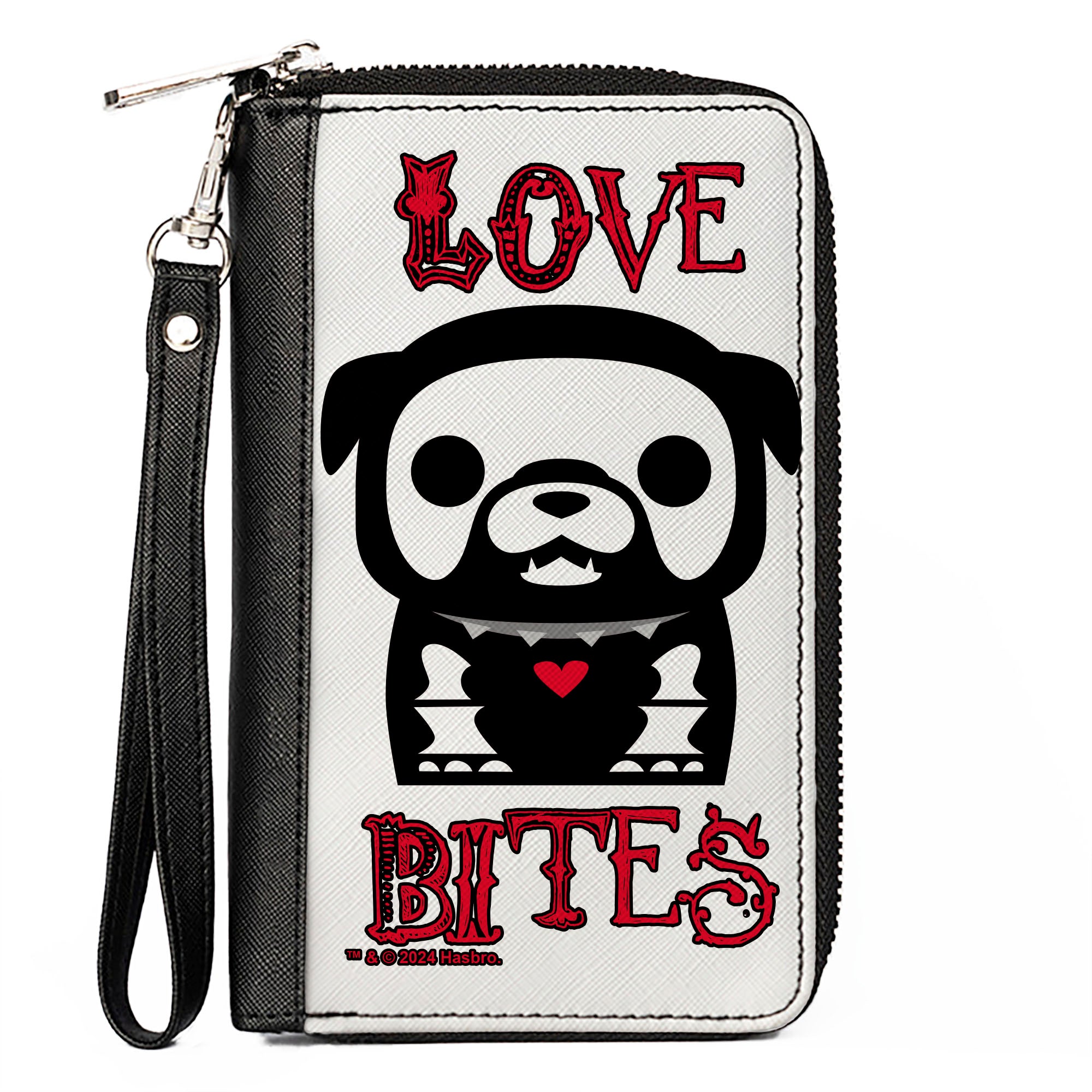 PU Zip Around Wallet Rectangle - Skelanimals Maxx the Bulldog LOVE BITES Pose White/Black/Red Clutch Zip Around Wallets Skelanimals