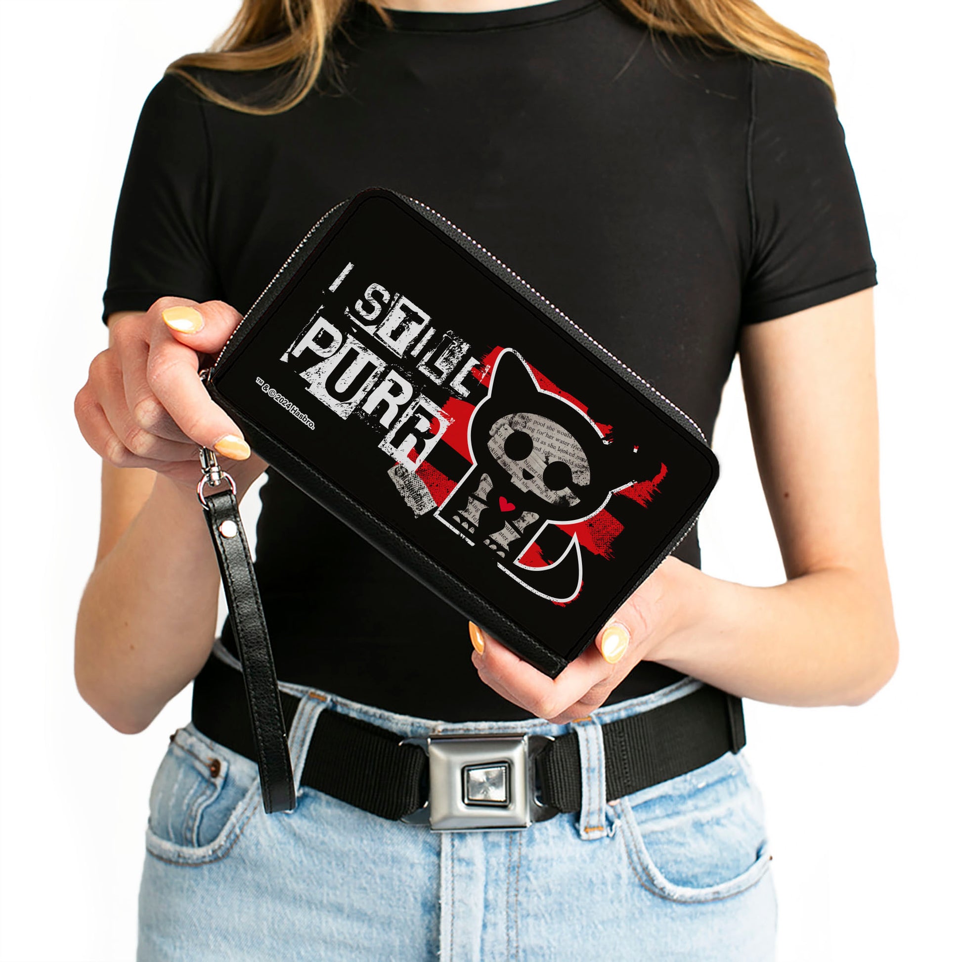 PU Zip Around Wallet Rectangle - Skelanimals Kit the Cat I STILL PURR Pose Red/Black/White Clutch Zip Around Wallets Skelanimals