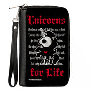 PU Zip Around Wallet Rectangle - Skelanimals Bonita the Unicorn UNICORNS FOR LIFE Pose Black/Red/White Clutch Zip Around Wallets Skelanimals