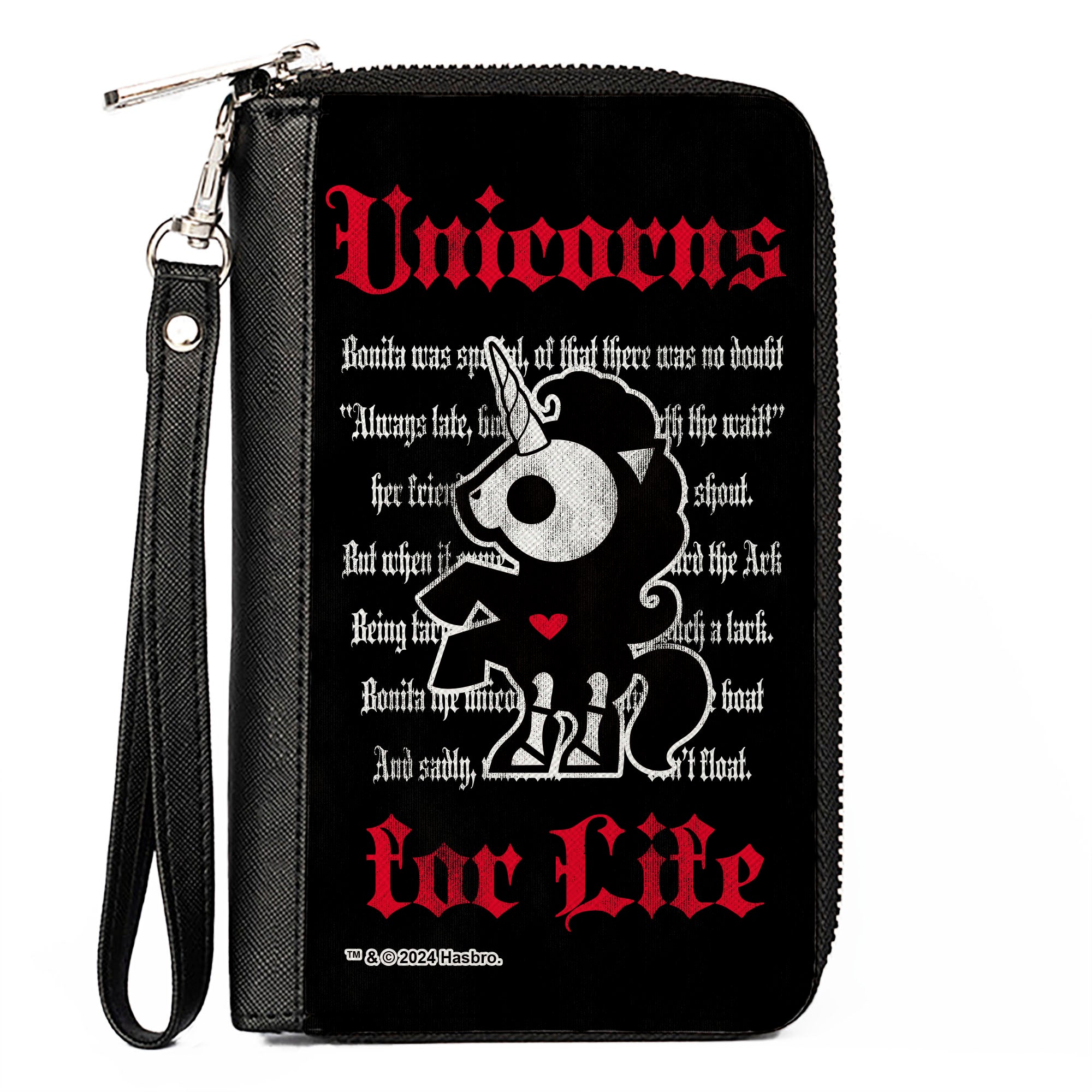 PU Zip Around Wallet Rectangle - Skelanimals Bonita the Unicorn UNICORNS FOR LIFE Pose Black/Red/White Clutch Zip Around Wallets Skelanimals
