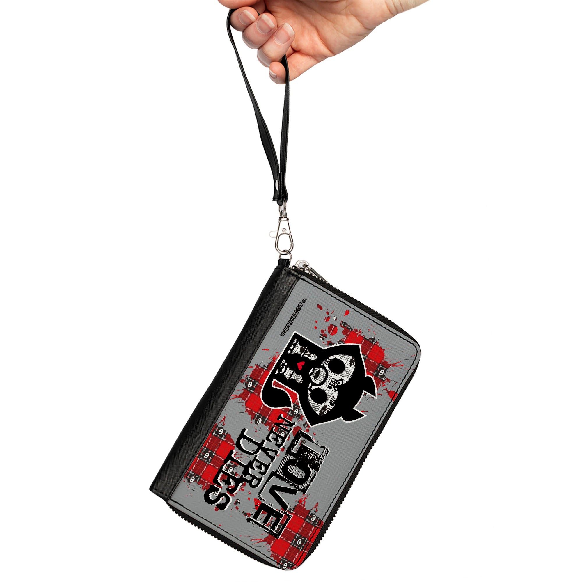 PU Zip Around Wallet Rectangle - Skelanimals Jae the Wolf LOVE NEVER DIES Pose Gray/Black/Red Clutch Zip Around Wallets Skelanimals