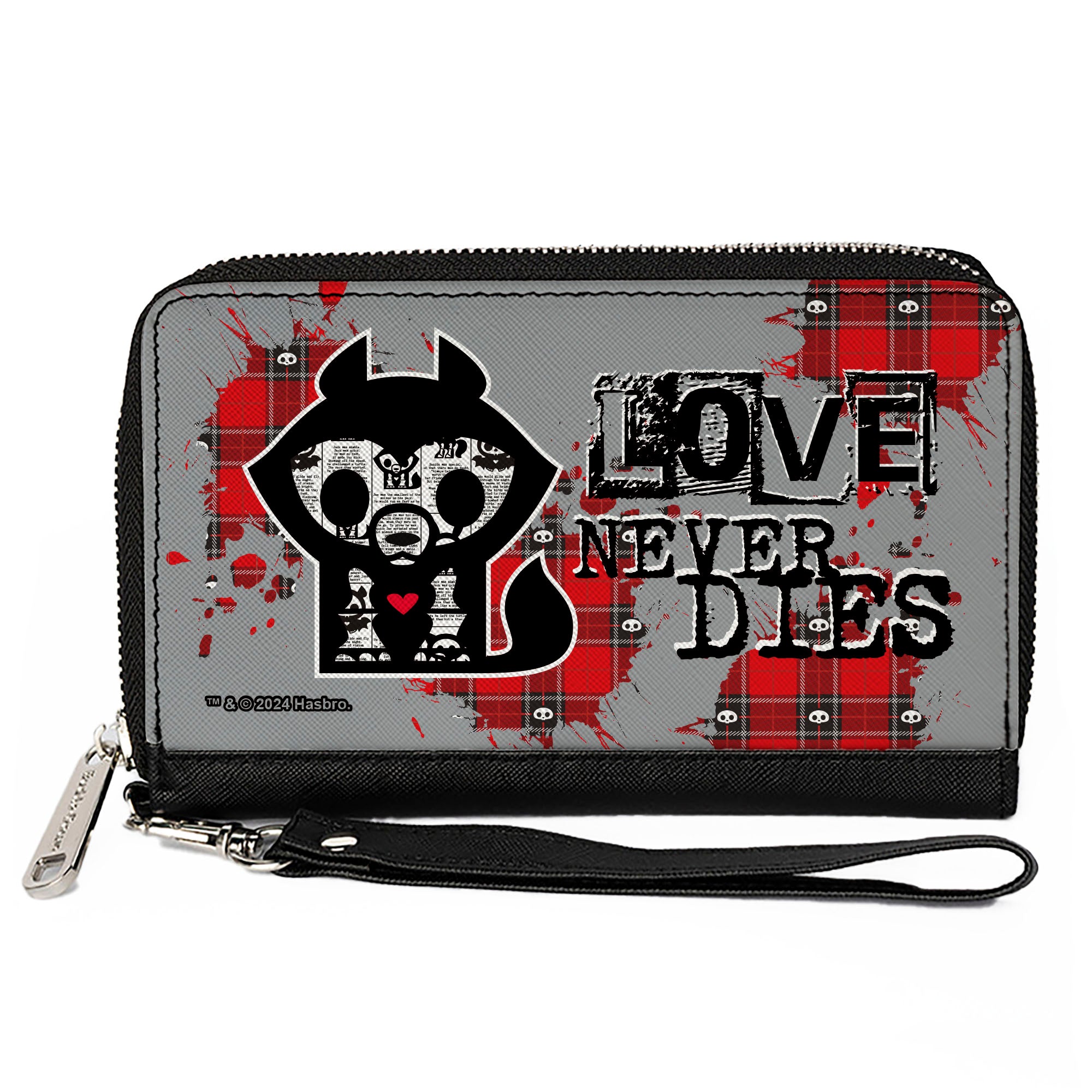 PU Zip Around Wallet Rectangle - Skelanimals Jae the Wolf LOVE NEVER DIES Pose Gray/Black/Red Clutch Zip Around Wallets Skelanimals