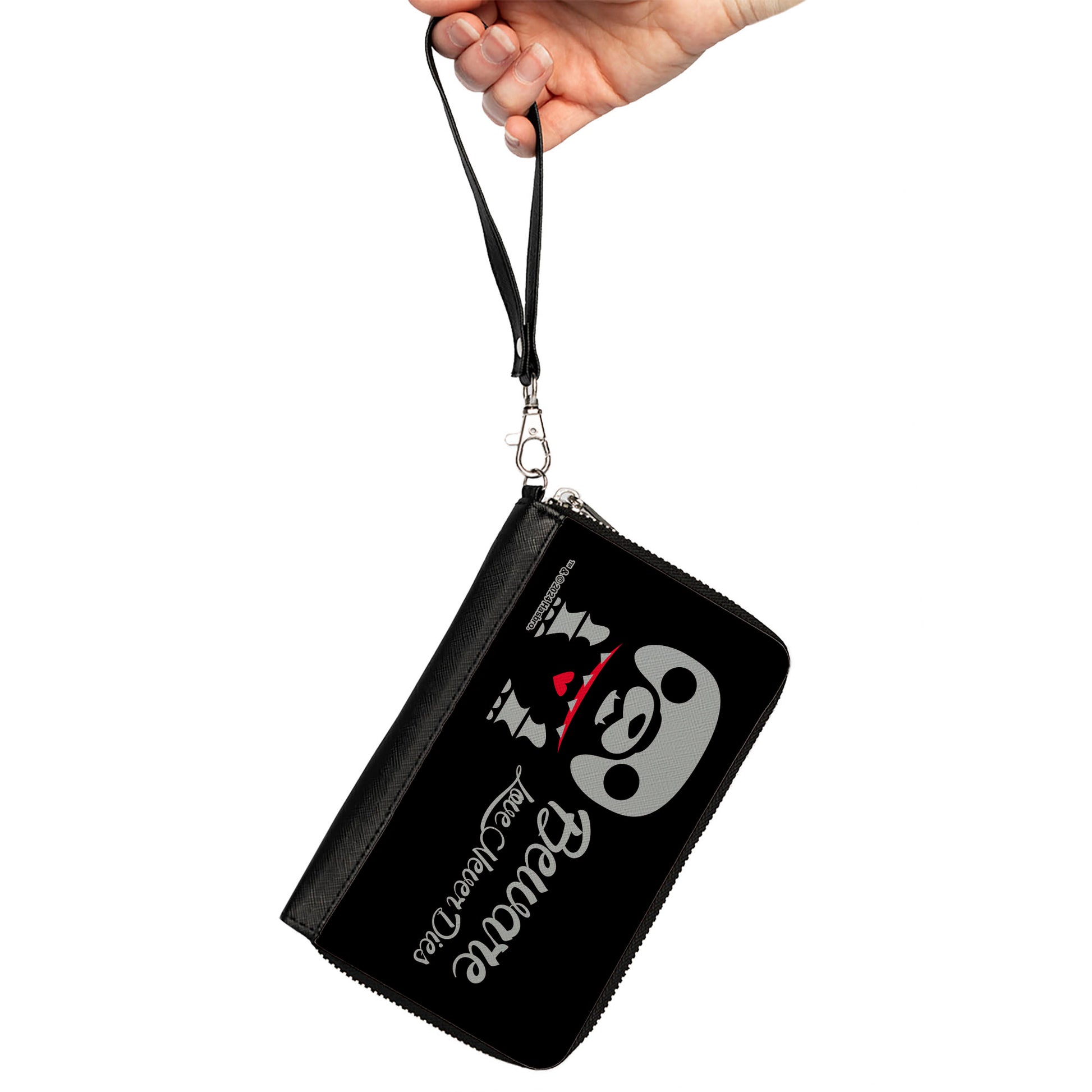 PU Zip Around Wallet Rectangle - Skelanimals Maxx the Bulldog BEWARE LOVE NEVER DIES Pose Black/White/Red Clutch Zip Around Wallets Skelanimals