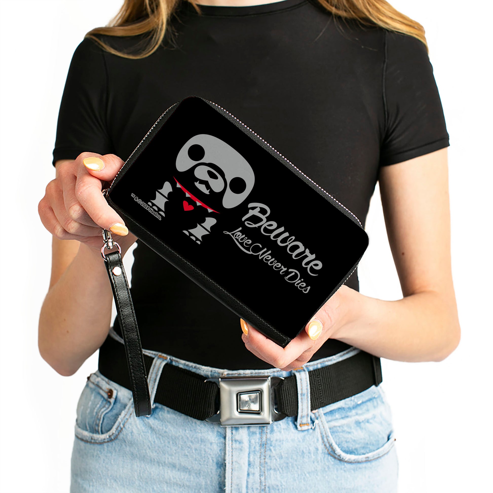 PU Zip Around Wallet Rectangle - Skelanimals Maxx the Bulldog BEWARE LOVE NEVER DIES Pose Black/White/Red Clutch Zip Around Wallets Skelanimals