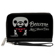 PU Zip Around Wallet Rectangle - Skelanimals Maxx the Bulldog BEWARE LOVE NEVER DIES Pose Black/White/Red Clutch Zip Around Wallets Skelanimals