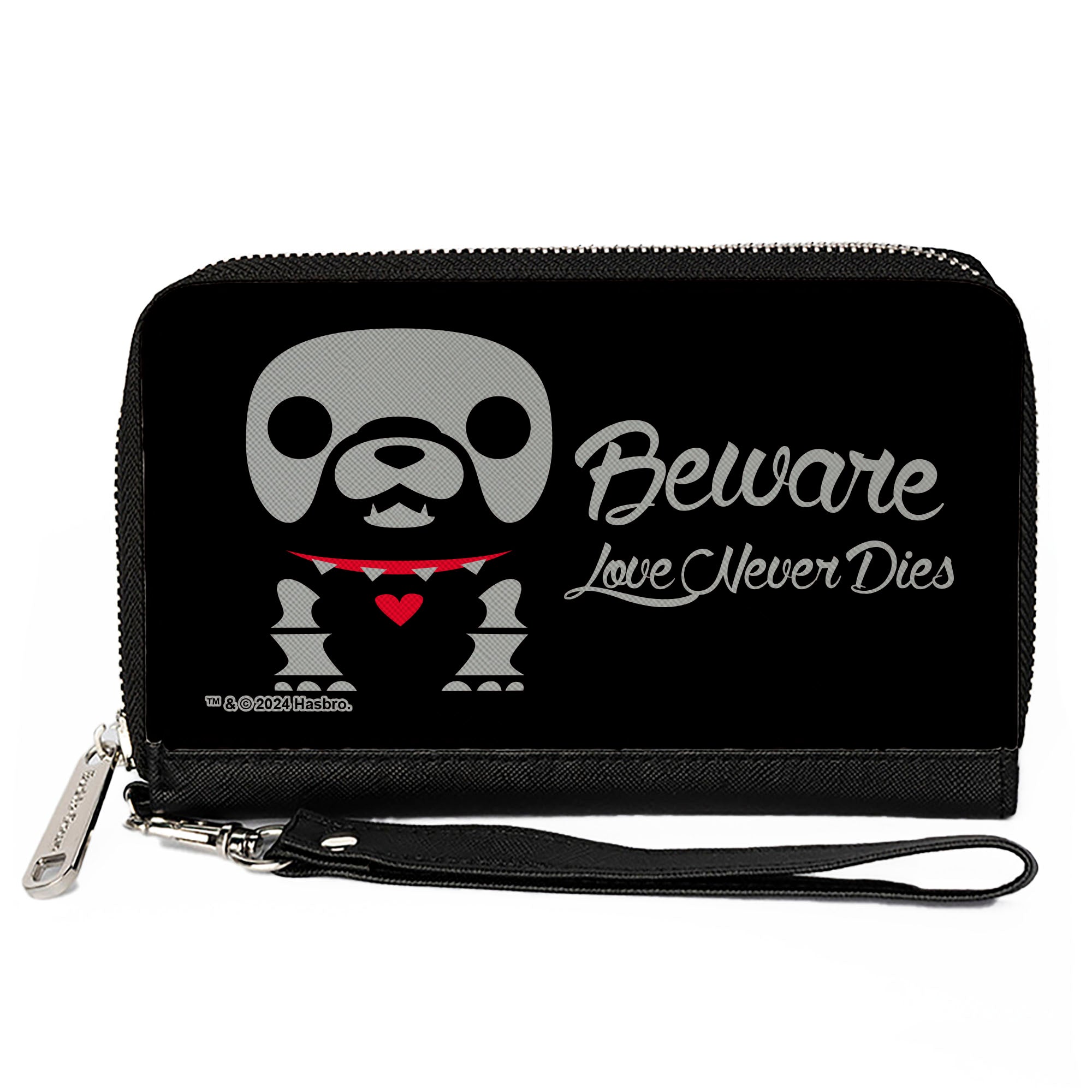 PU Zip Around Wallet Rectangle - Skelanimals Maxx the Bulldog BEWARE LOVE NEVER DIES Pose Black/White/Red Clutch Zip Around Wallets Skelanimals