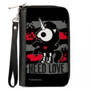 PU Zip Around Wallet Rectangle - Skelanimals Bonita the Unicorn NEED LOVE Pose Black/Gray/Red/White Clutch Zip Around Wallets Skelanimals