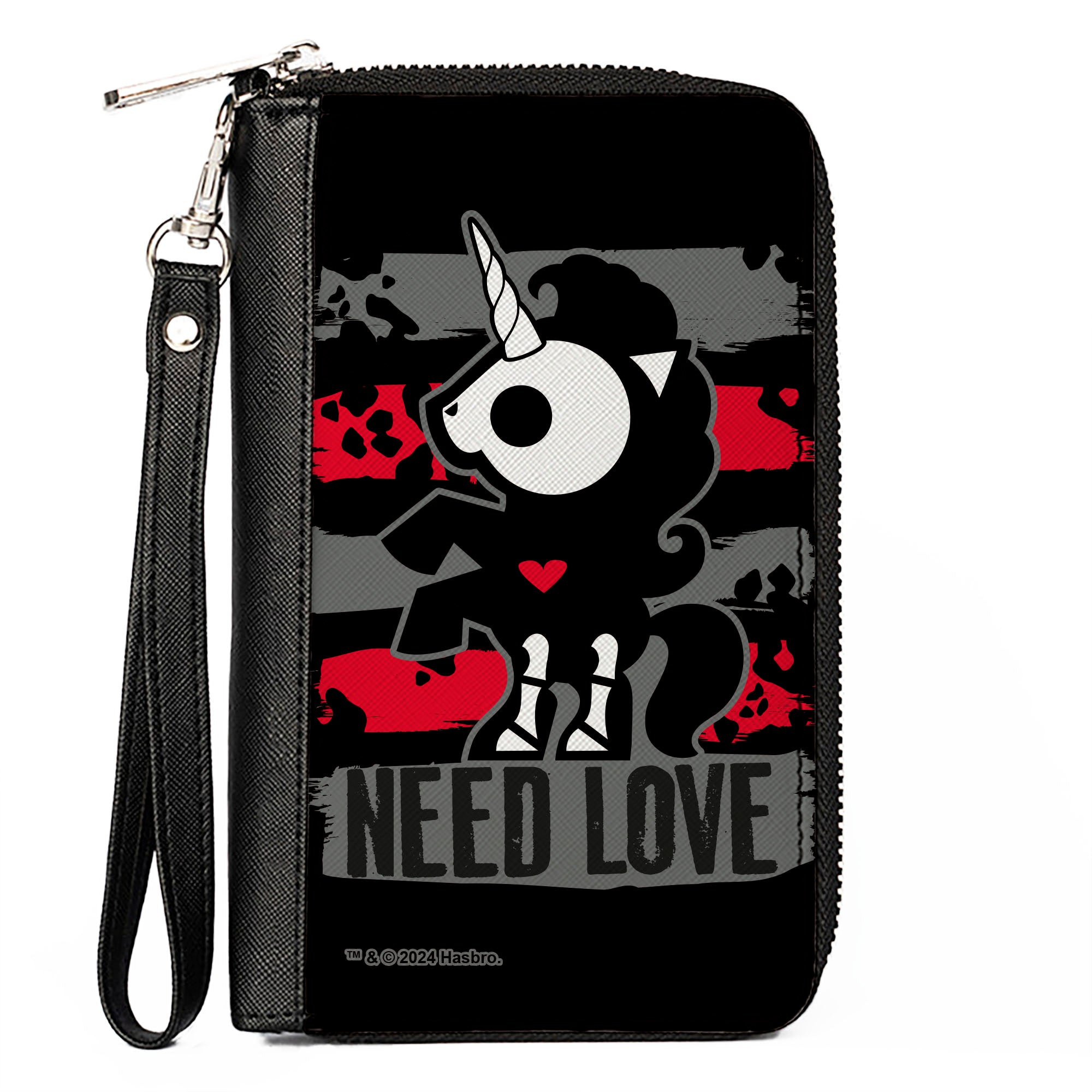 PU Zip Around Wallet Rectangle - Skelanimals Bonita the Unicorn NEED LOVE Pose Black/Gray/Red/White Clutch Zip Around Wallets Skelanimals