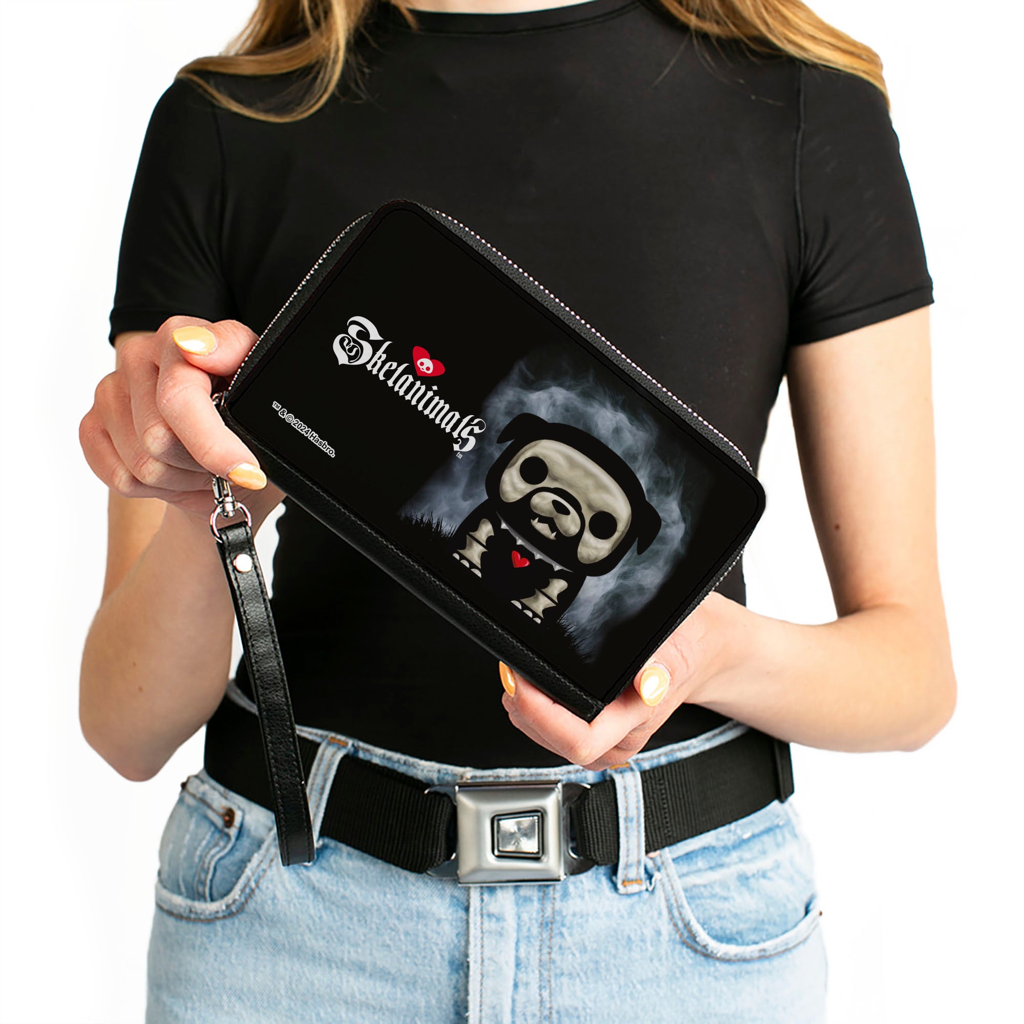 PU Zip Around Wallet Rectangle - SKELANIMALS Maxx the Bulldog Fog Pose and Title Logo Black/White Clutch Zip Around Wallets Skelanimals