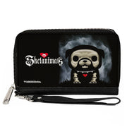 PU Zip Around Wallet Rectangle - SKELANIMALS Maxx the Bulldog Fog Pose and Title Logo Black/White Clutch Zip Around Wallets Skelanimals