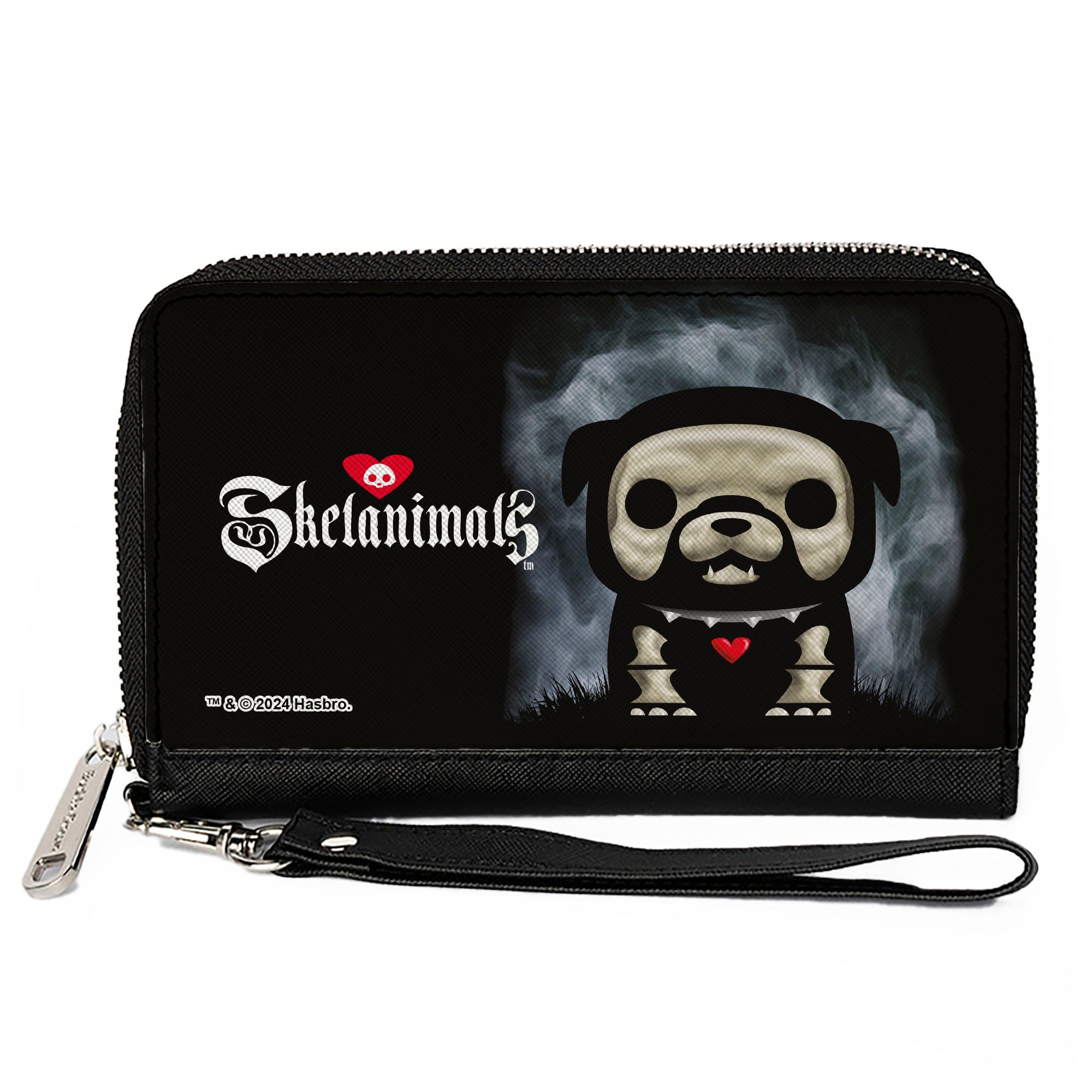 PU Zip Around Wallet Rectangle - SKELANIMALS Maxx the Bulldog Fog Pose and Title Logo Black/White Clutch Zip Around Wallets Skelanimals