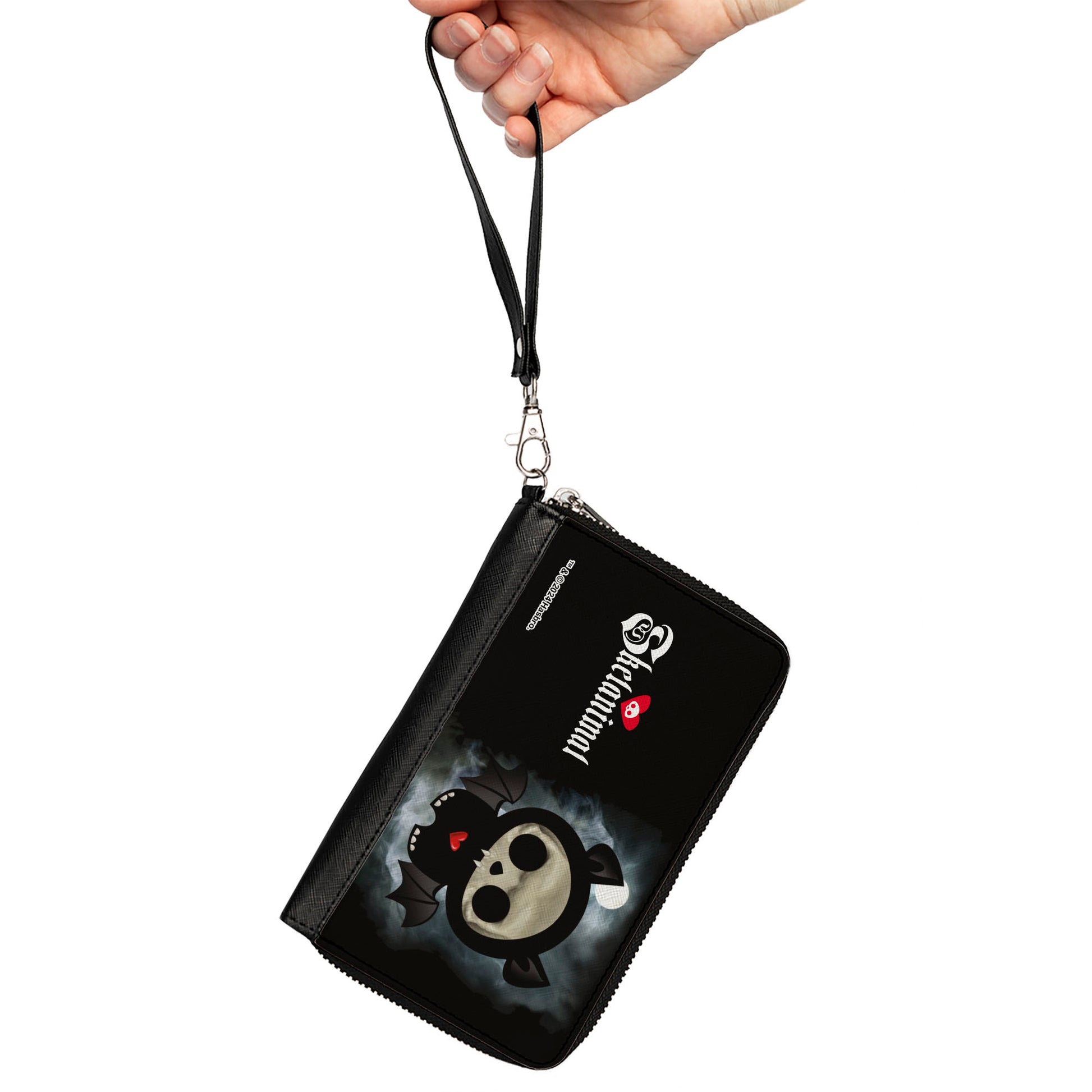 PU Zip Around Wallet Rectangle - SKELANIMALS Diego the Bat Fog Pose and Title Logo Black/White Clutch Zip Around Wallets Skelanimals