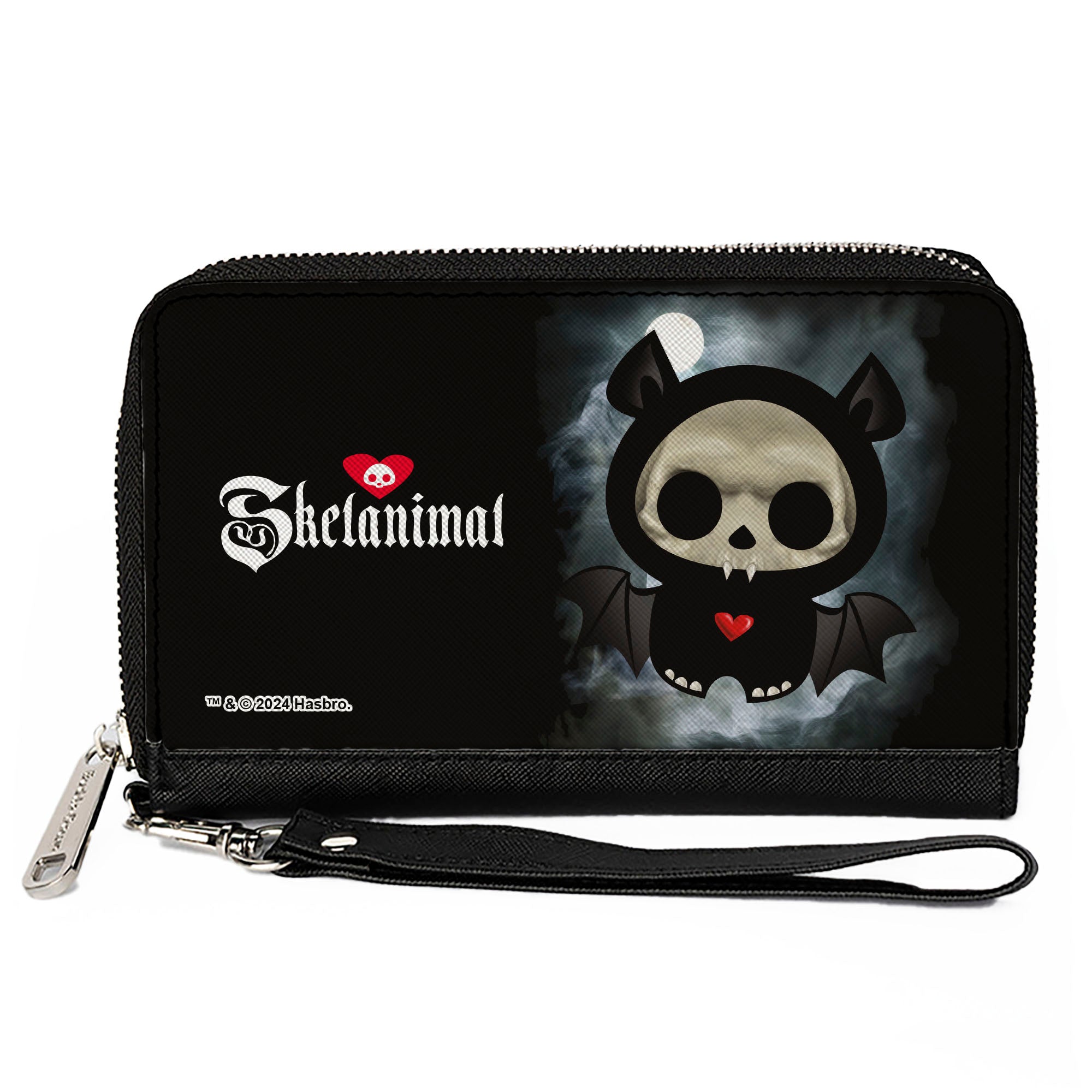 PU Zip Around Wallet Rectangle - SKELANIMALS Diego the Bat Fog Pose and Title Logo Black/White Clutch Zip Around Wallets Skelanimals
