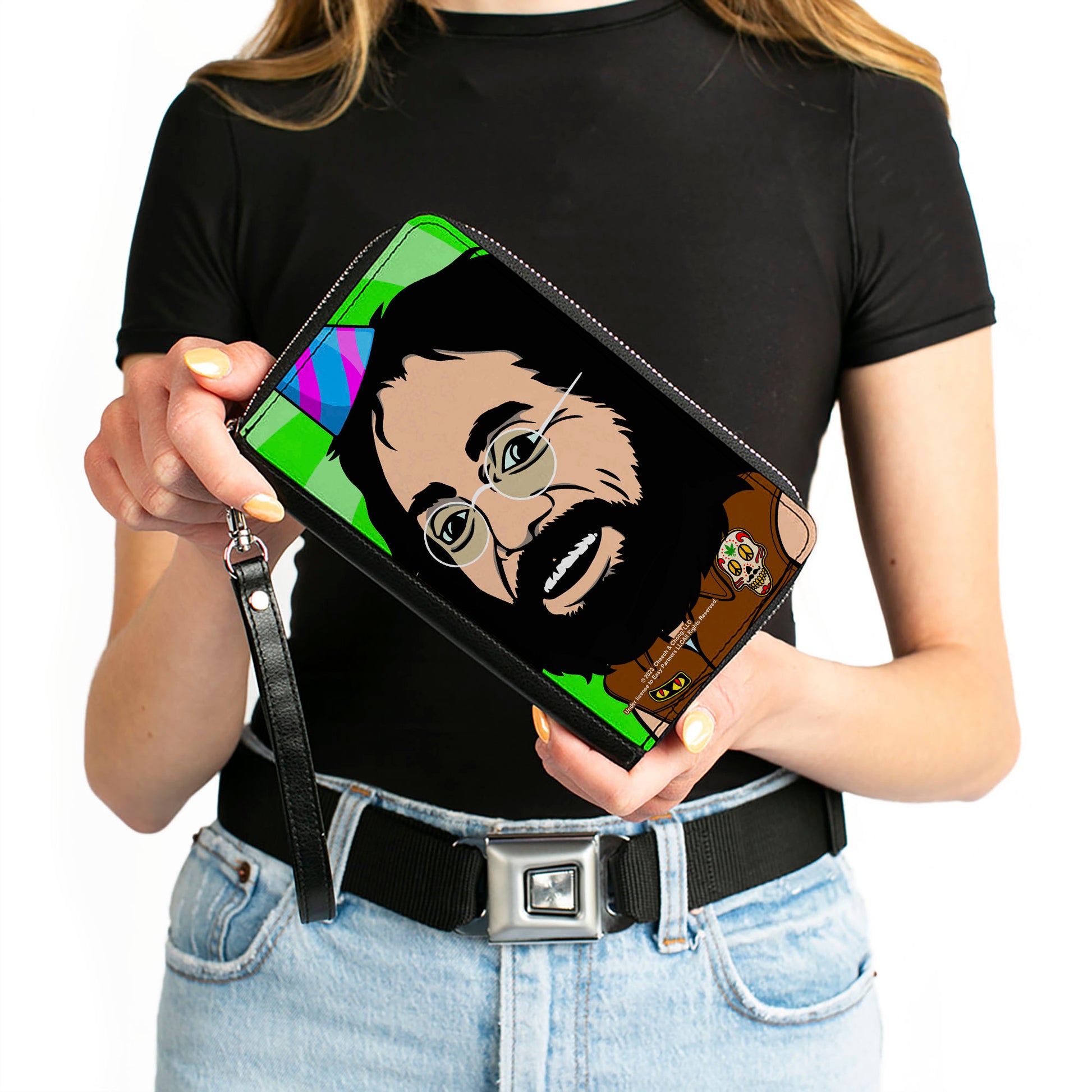 PU Zip Around Wallet Rectangle - Homies in Dreamland Chong Party Hat Pose Green Clutch Zip Around Wallets Homies in Dreamland by Cheech & Chong   