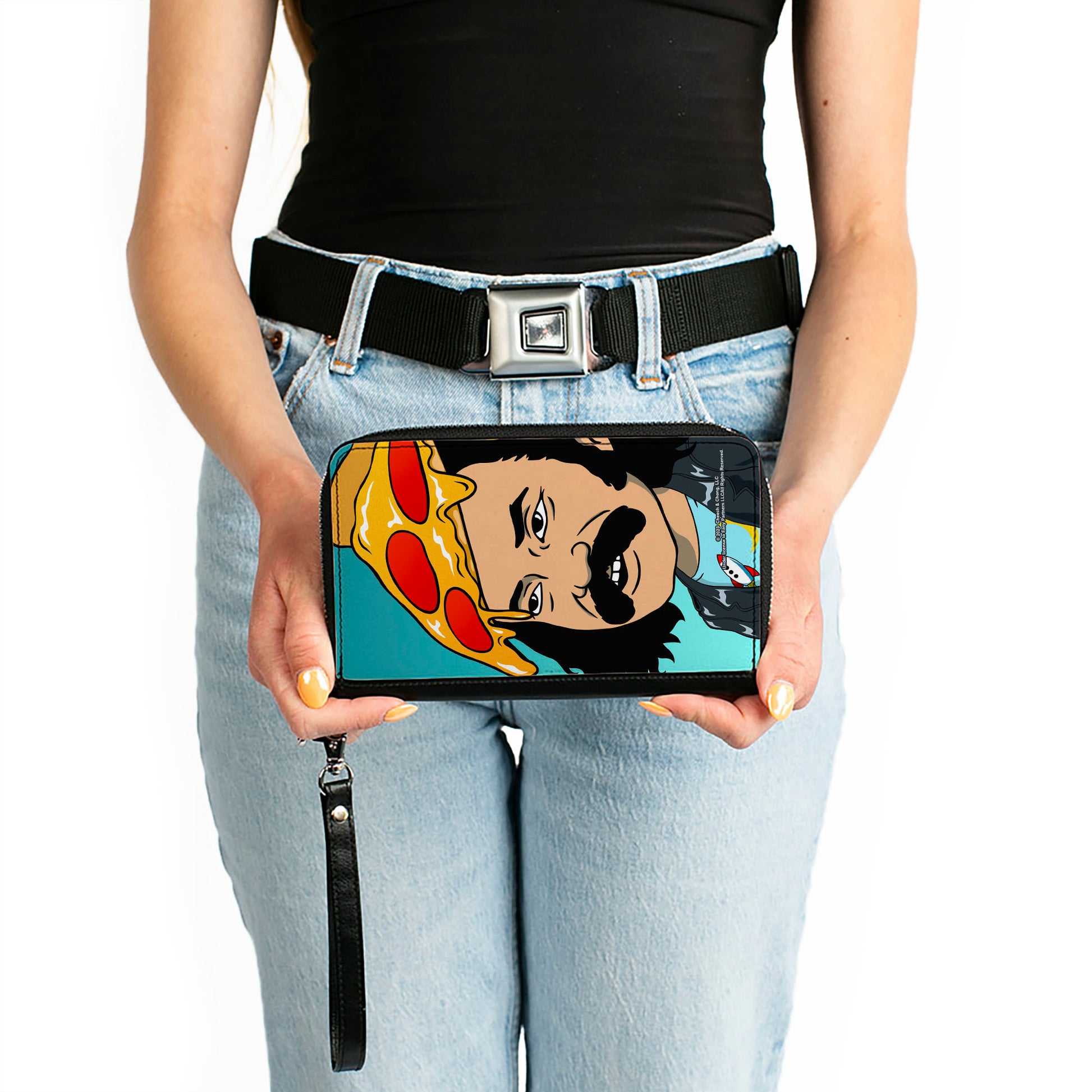 PU Zip Around Wallet Rectangle - Homies in Dreamland Cheech Pizza Head Pose Blue Clutch Zip Around Wallets Homies in Dreamland by Cheech & Chong   