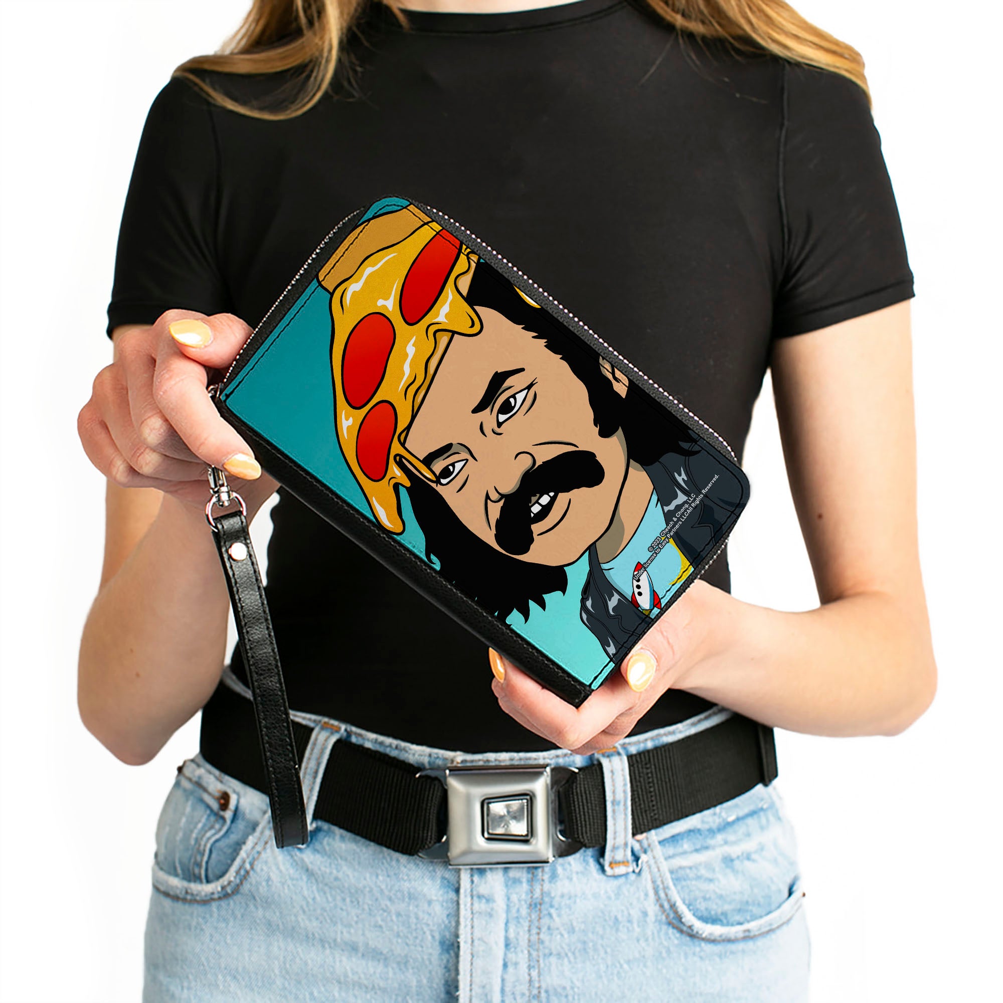 PU Zip Around Wallet Rectangle - Homies in Dreamland Cheech Pizza Head Pose Blue Clutch Zip Around Wallets Homies in Dreamland by Cheech & Chong   