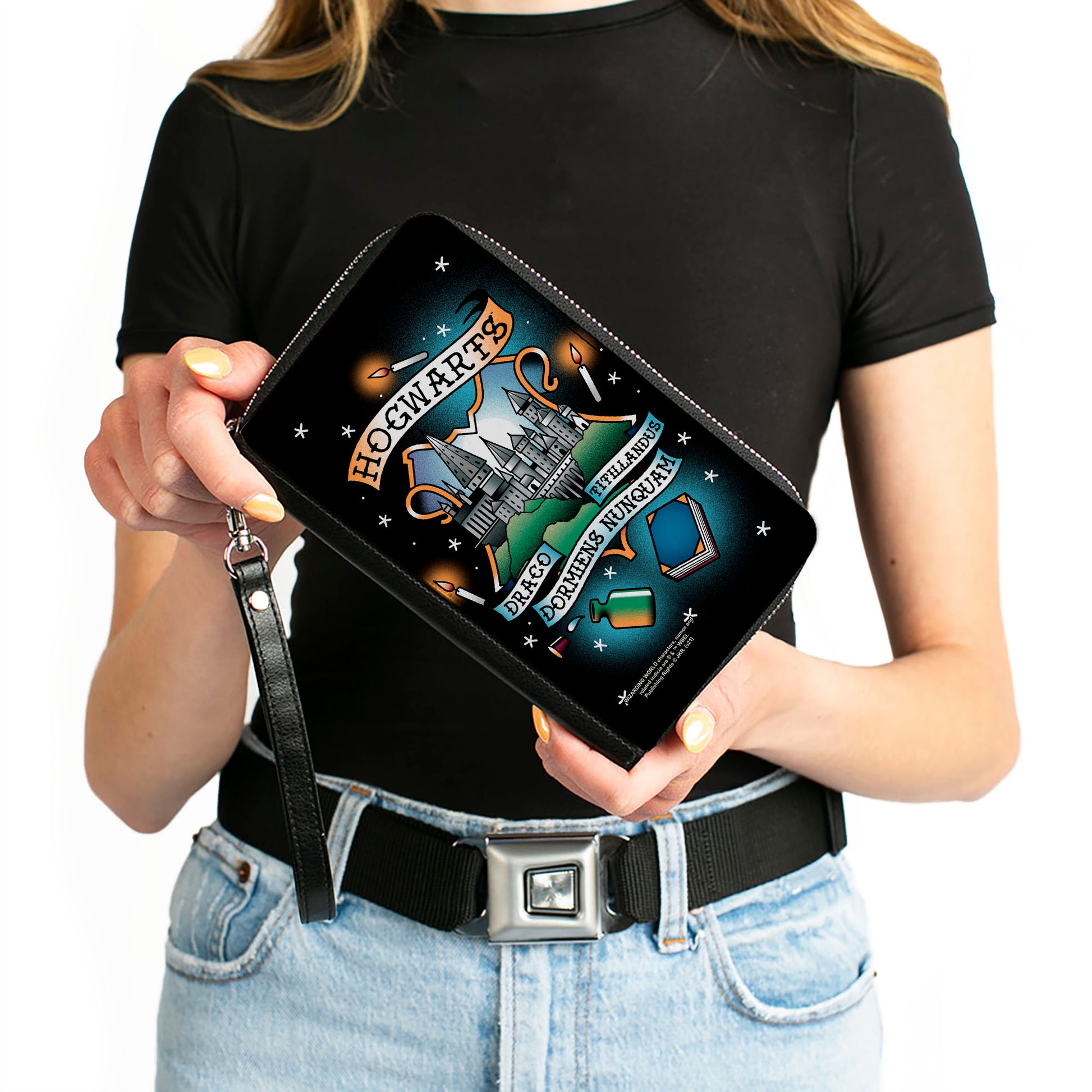 Women's PU Zip Around Wallet Rectangle - Harry Potter HOGWARTS Motto Tattoo Black Clutch Zip Around Wallets Harry Potter