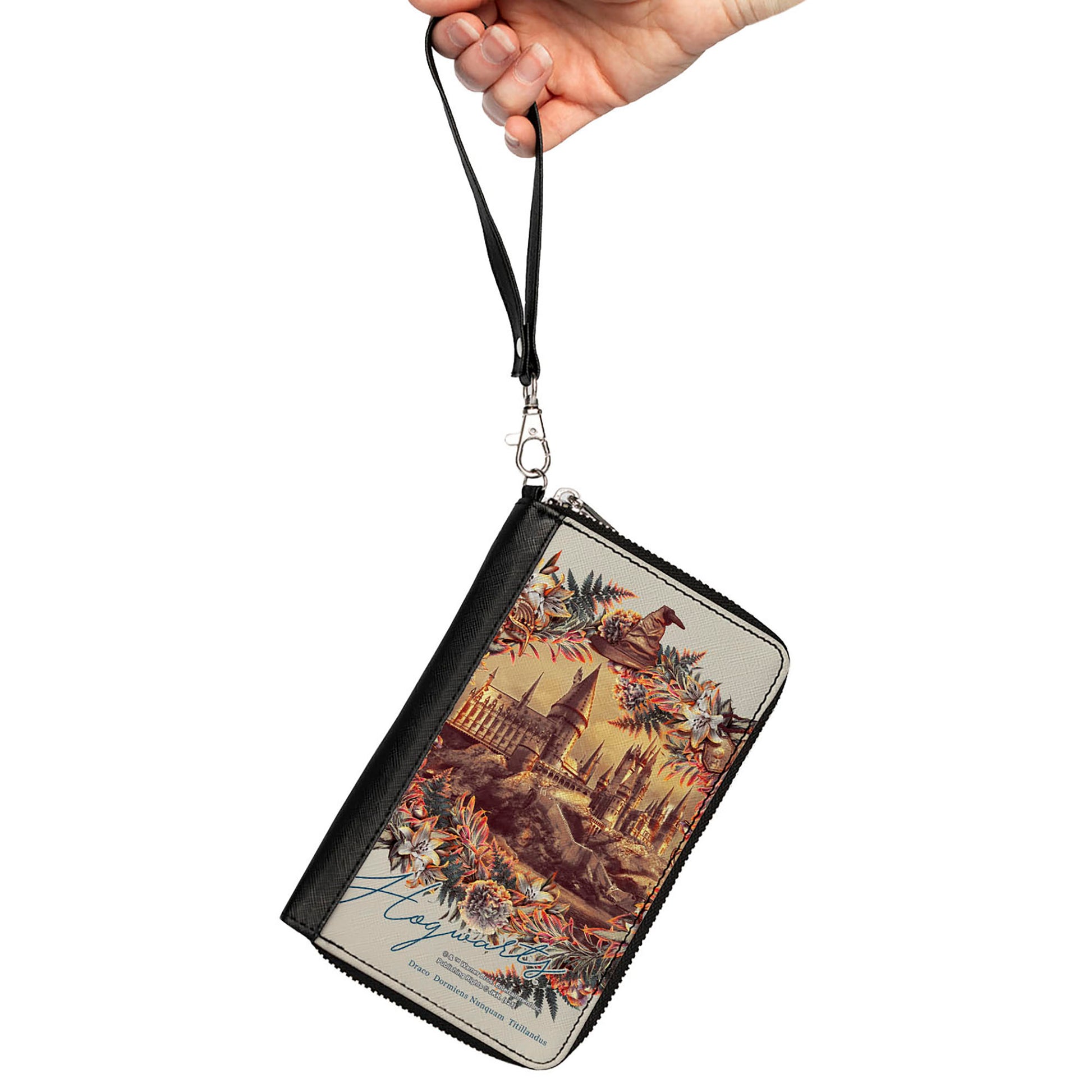 Women's PU Zip Around Wallet Rectangle - Harry Potter Hogwarts Castle Floral Collage Gray Clutch Zip Around Wallets Harry Potter