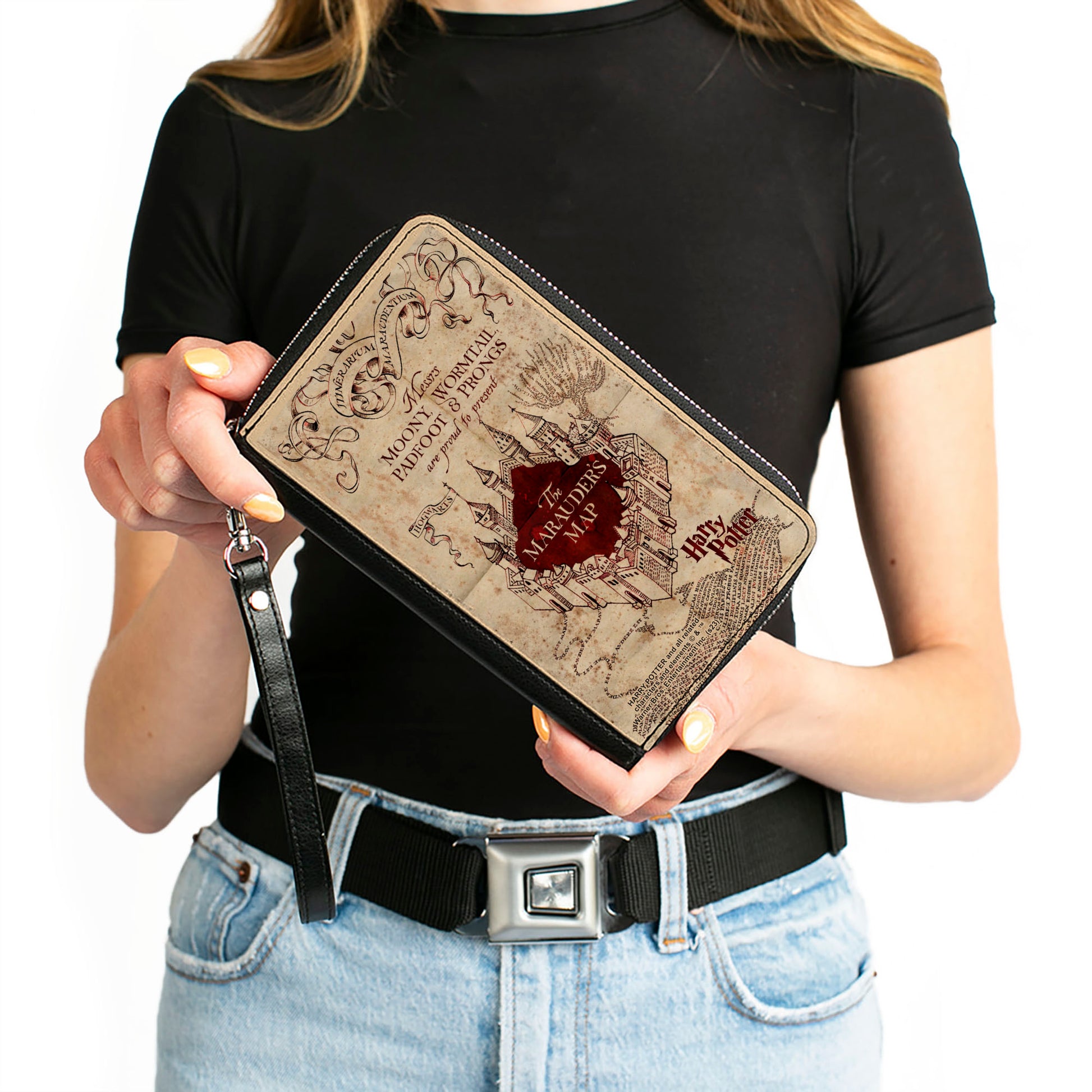 PU Zip Around Wallet Rectangle - Hogwarts School THE MARAUDER'S MAP Tan/Reds Clutch Zip Around Wallets Harry Potter