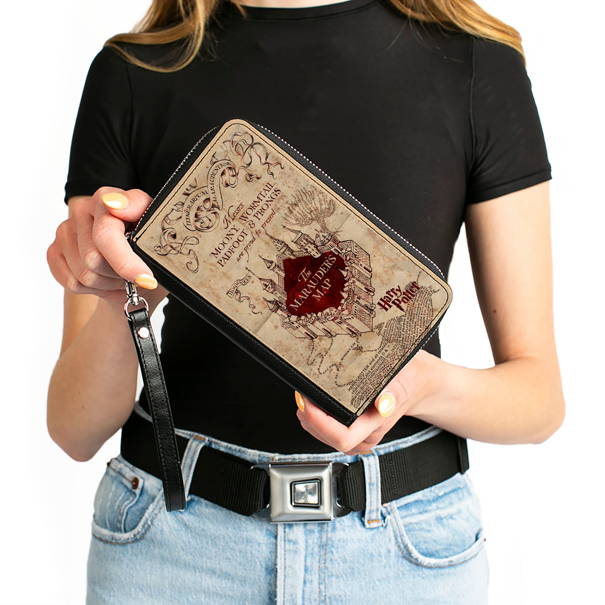 PU Zip Around Wallet Rectangle - Hogwarts School THE MARAUDER'S MAP Tan/Reds Clutch Zip Around Wallets Harry Potter