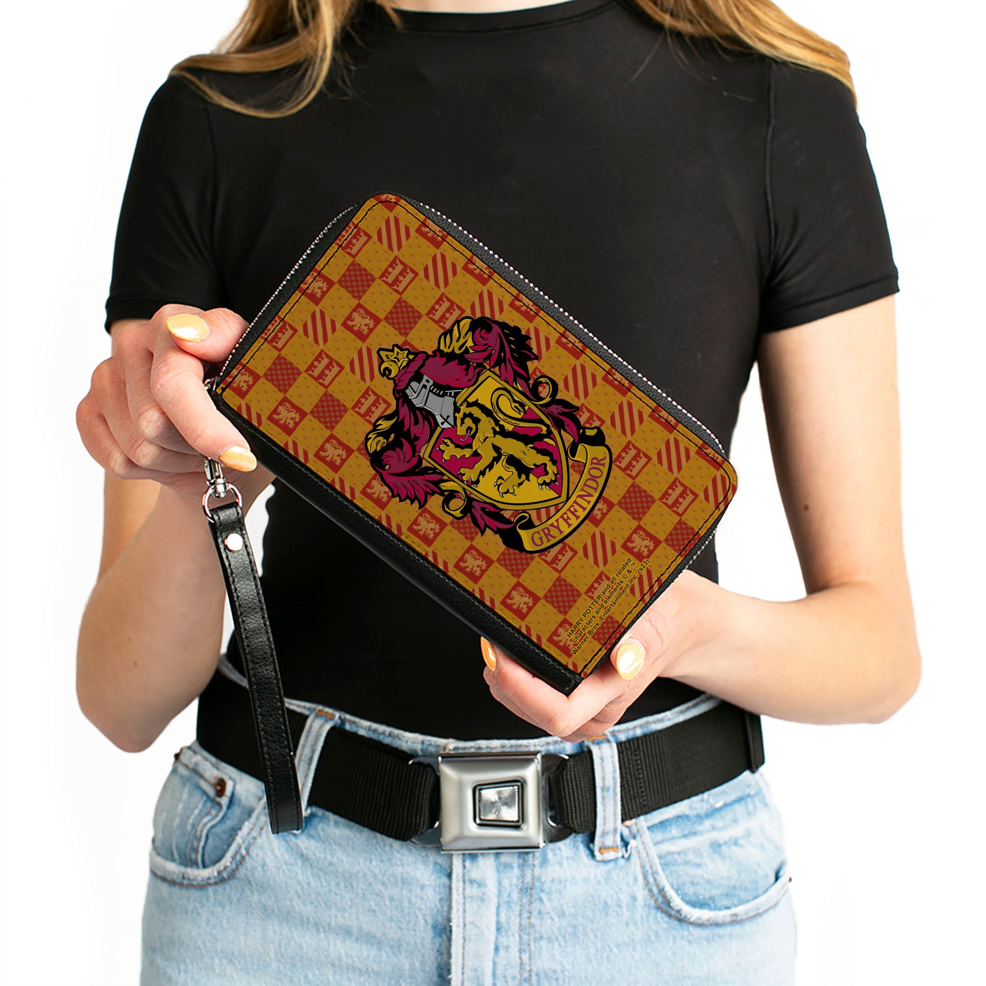 PU Zip Around Wallet Rectangle - Harry Potter GRYFFINDOR Crest/Heraldry Checkers Golds/Reds Clutch Zip Around Wallets Harry Potter