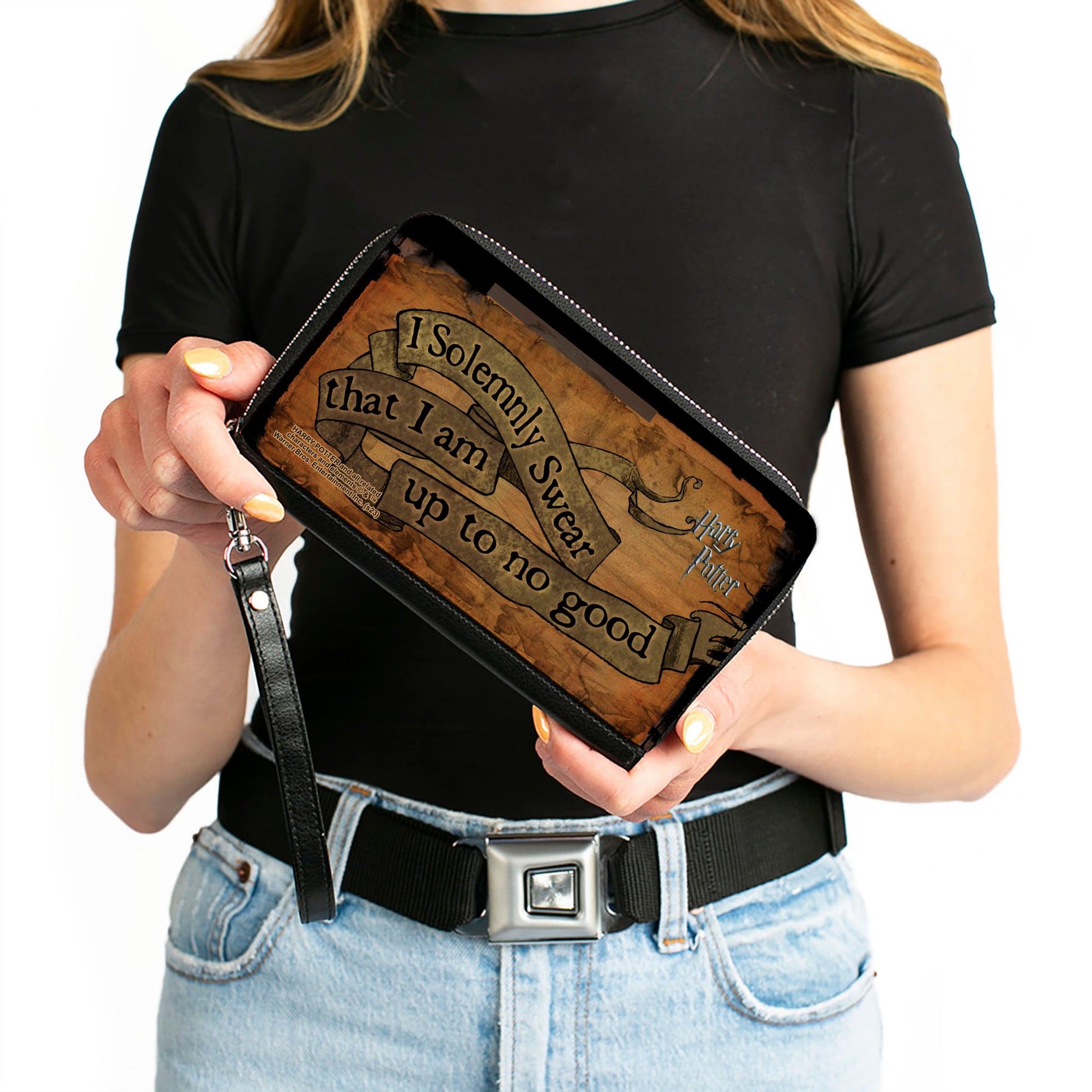 PU Zip Around Wallet Rectangle - Harry Potter I SOLEMNLY SWEAR THAT I AM UP TO NO GOOD Banner Tan/Black Clutch Zip Around Wallets Harry Potter