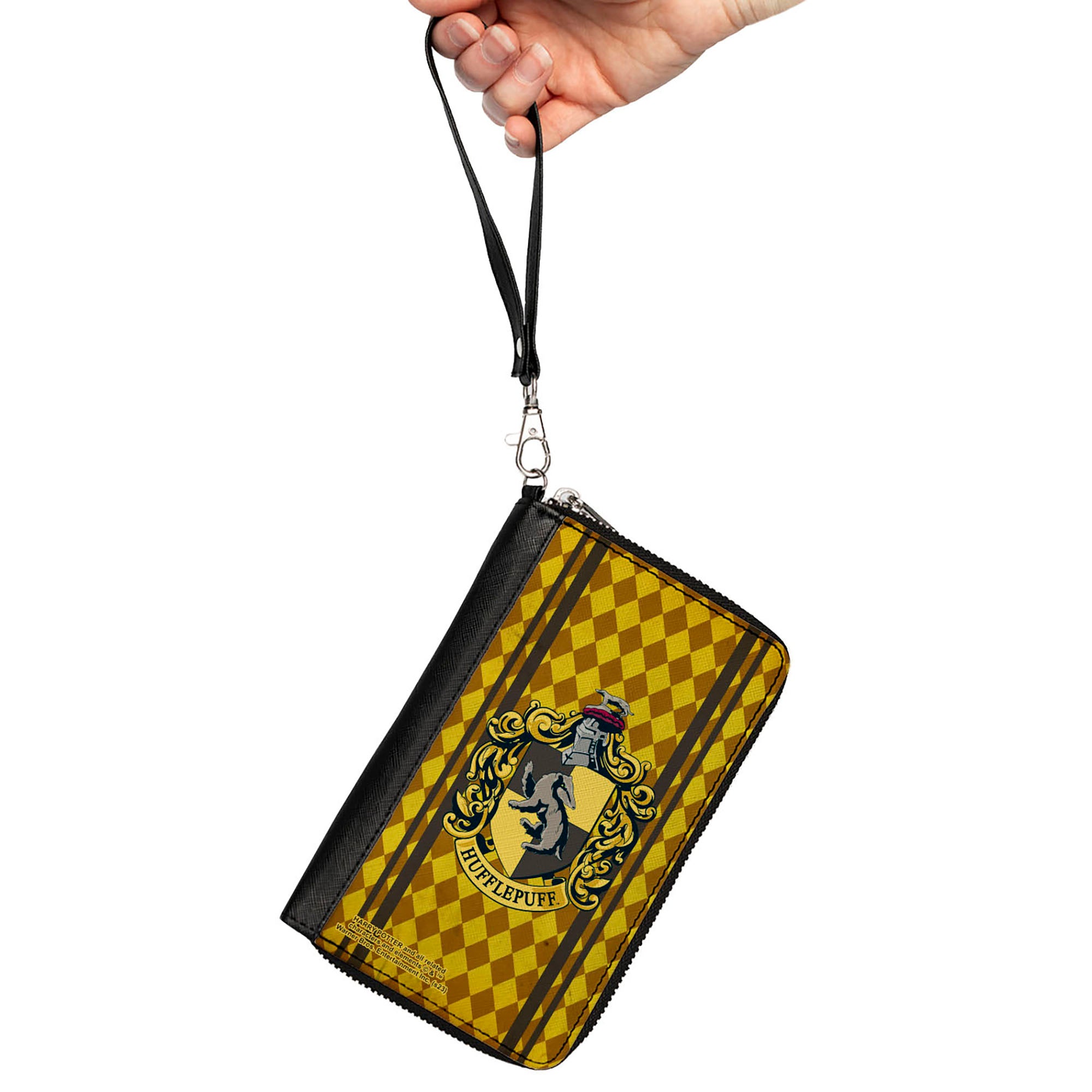 PU Zip Around Wallet Rectangle - HUFFLEPUFF Crest Stripes/Diamonds Gold/Browns Clutch Zip Around Wallets Harry Potter
