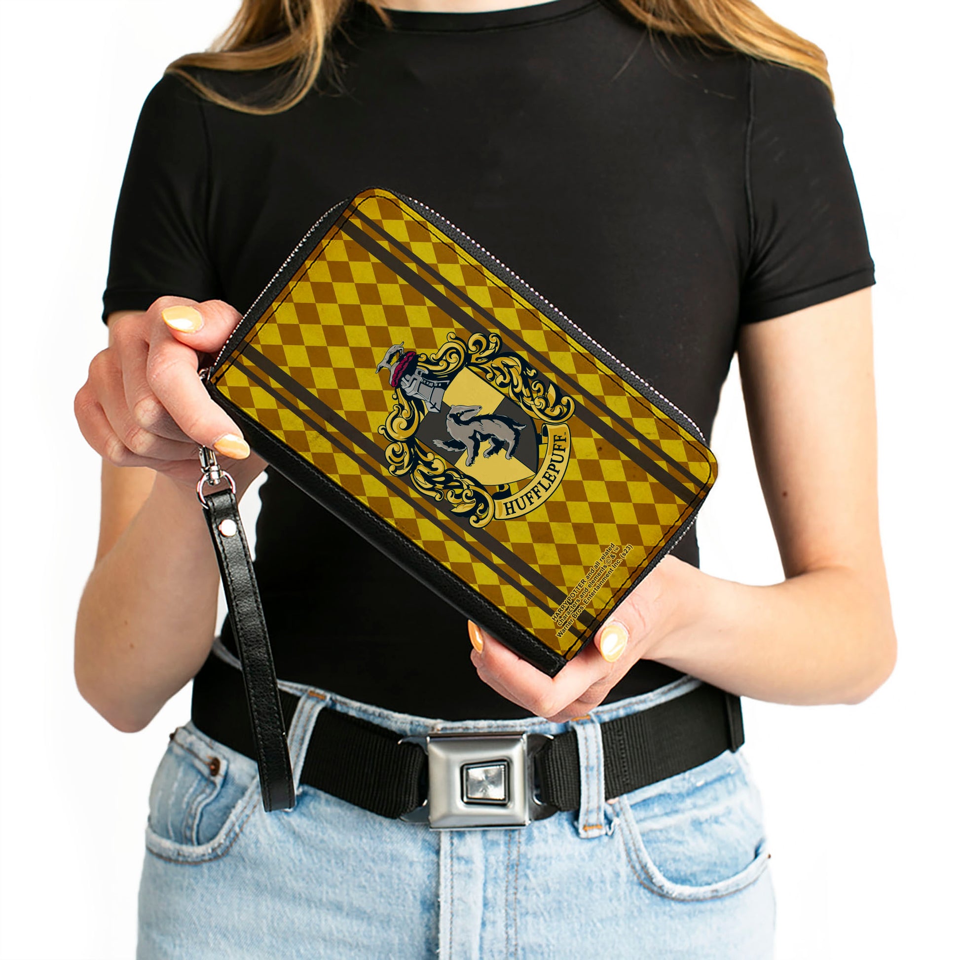 PU Zip Around Wallet Rectangle - HUFFLEPUFF Crest Stripes/Diamonds Gold/Browns Clutch Zip Around Wallets Harry Potter