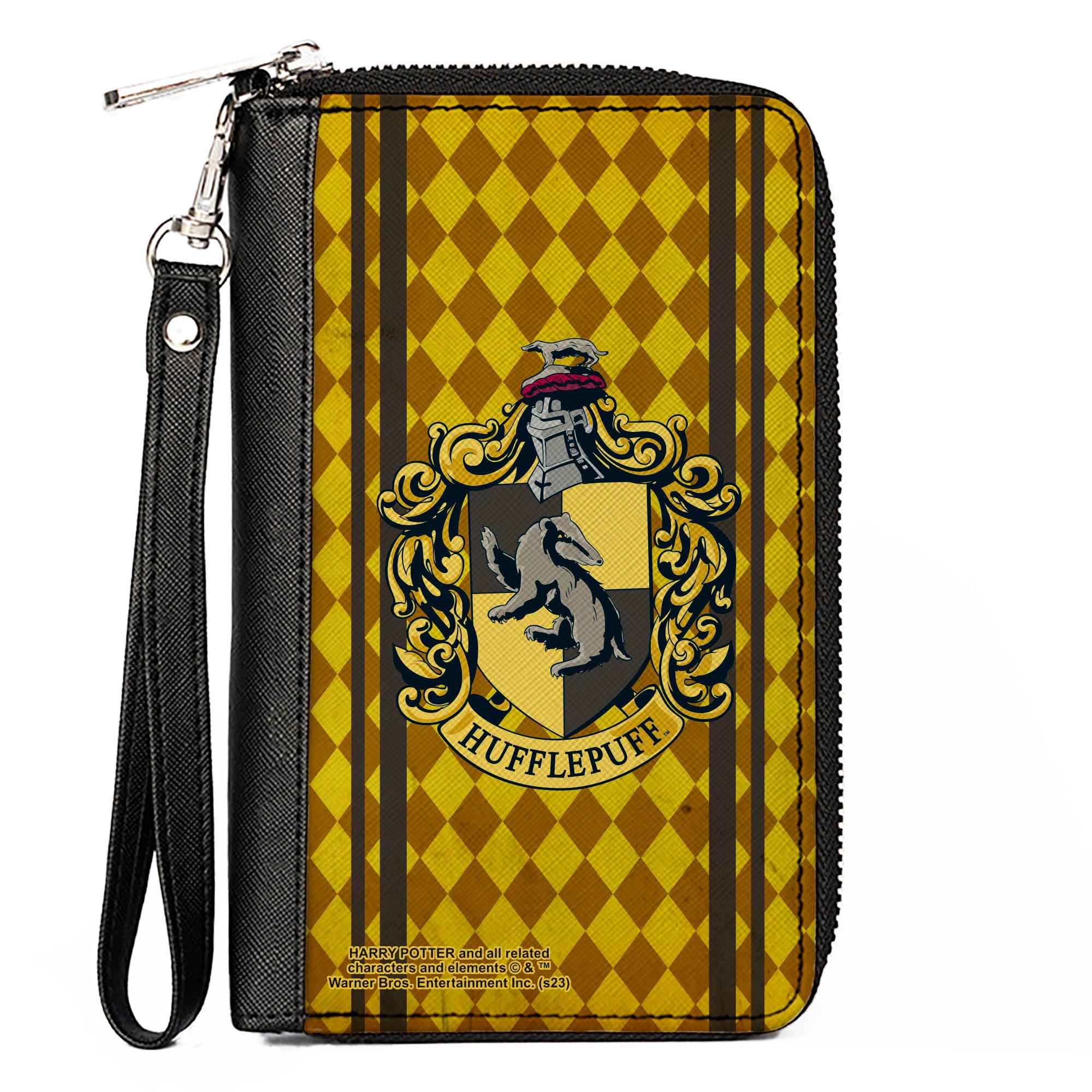 PU Zip Around Wallet Rectangle - HUFFLEPUFF Crest Stripes/Diamonds Gold/Browns Clutch Zip Around Wallets Harry Potter