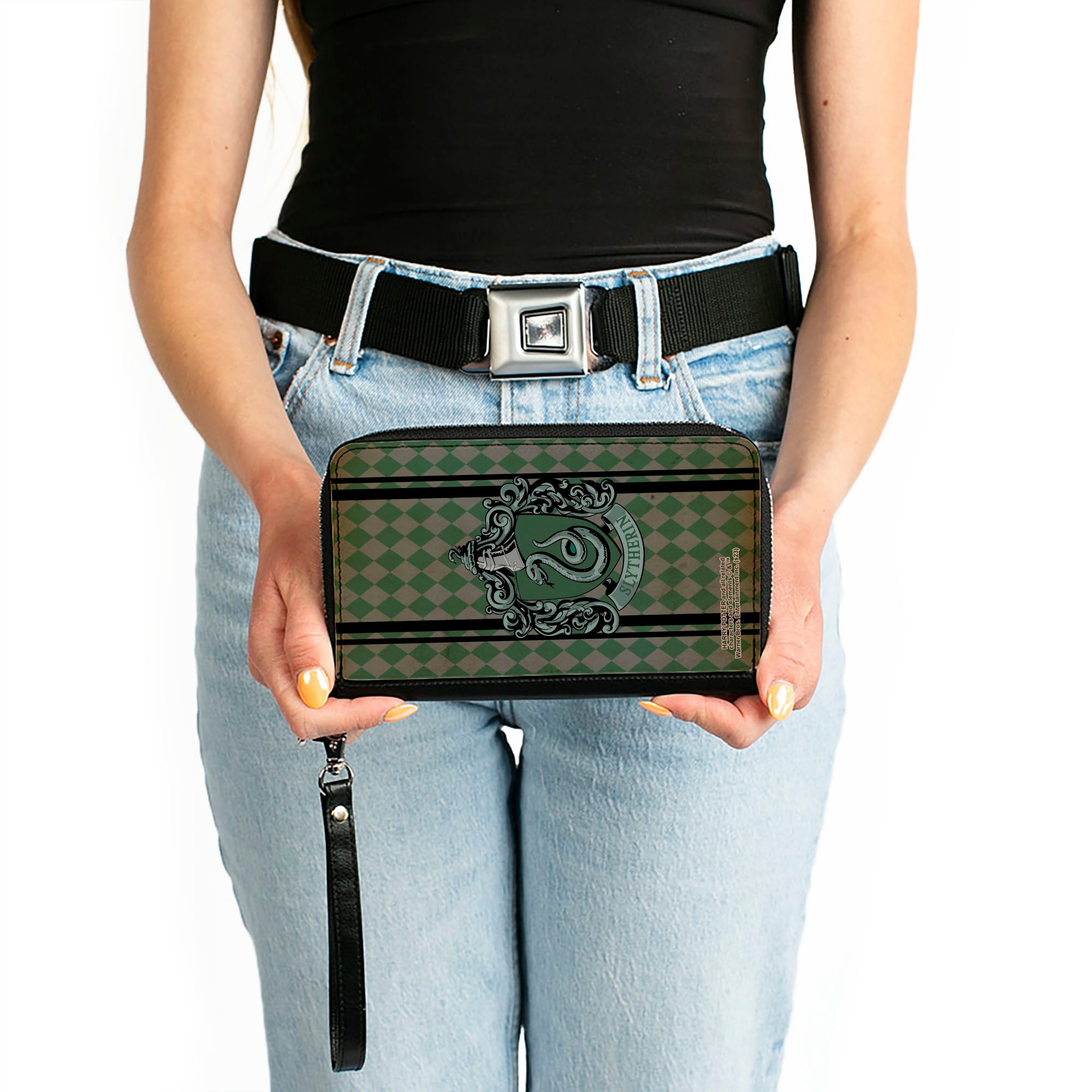 PU Zip Around Wallet Rectangle - SLYTHERIN Crest Stripes/Diamonds Greens/Black Clutch Zip Around Wallets Harry Potter