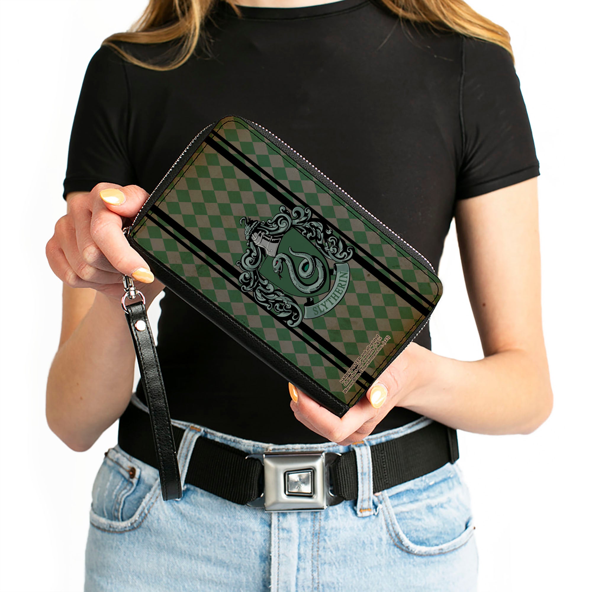 PU Zip Around Wallet Rectangle - SLYTHERIN Crest Stripes/Diamonds Greens/Black Clutch Zip Around Wallets Harry Potter