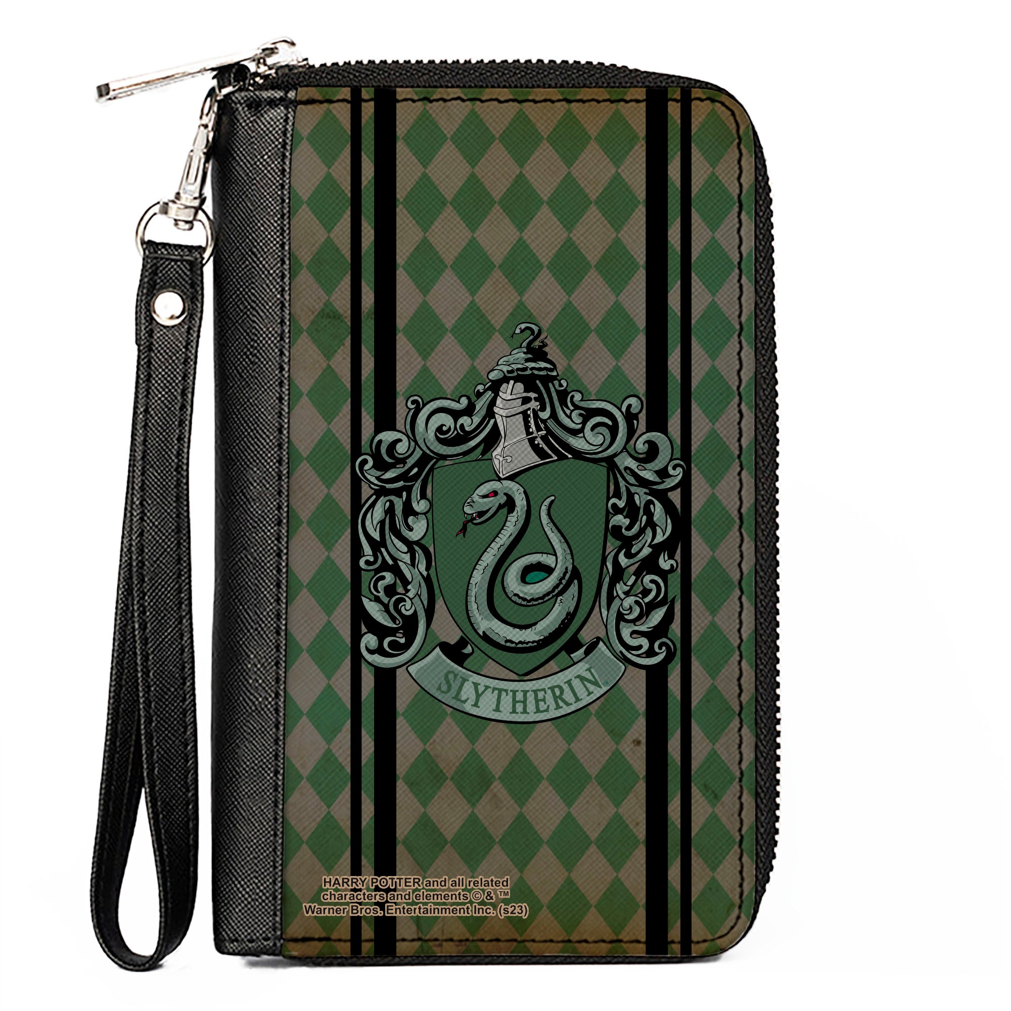 PU Zip Around Wallet Rectangle - SLYTHERIN Crest Stripes/Diamonds Greens/Black Clutch Zip Around Wallets Harry Potter