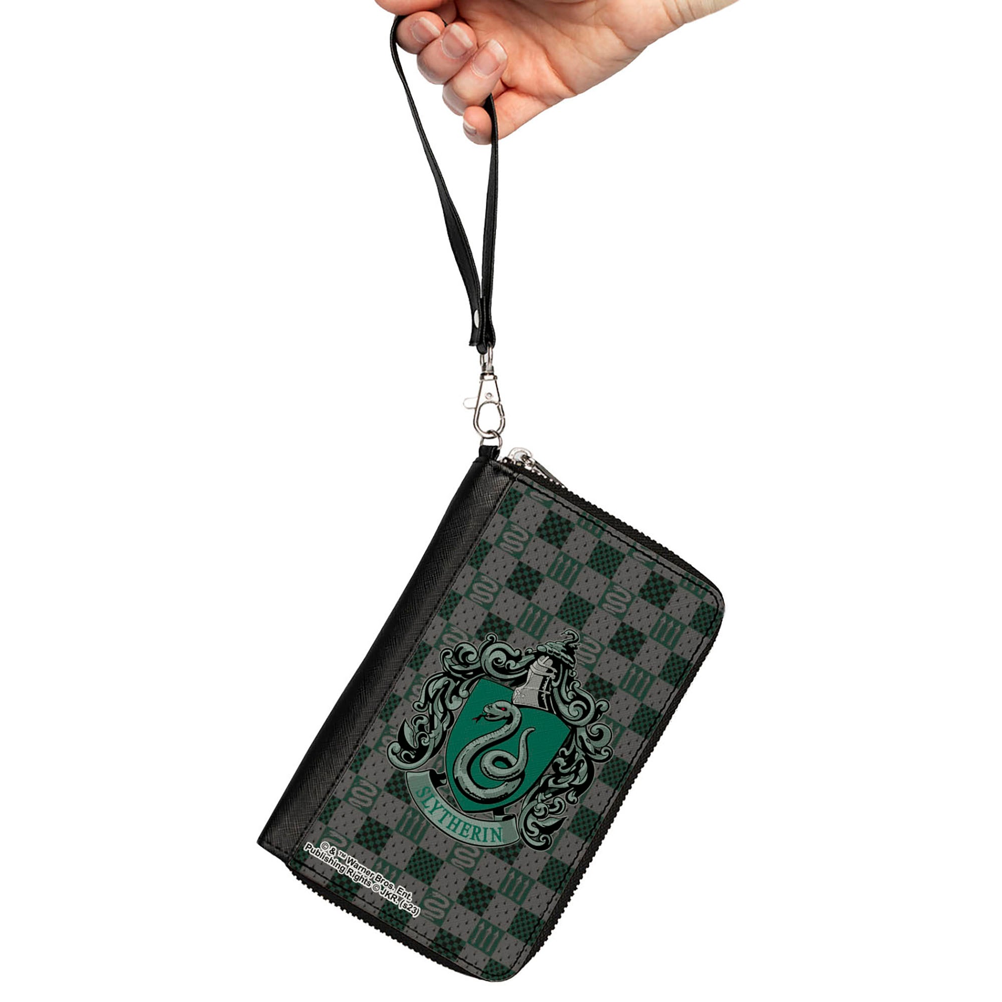PU Zip Around Wallet Rectangle - Harry Potter SLYTHERIN Crest/Heraldry Checkers Gray/Greens Clutch Zip Around Wallets Harry Potter