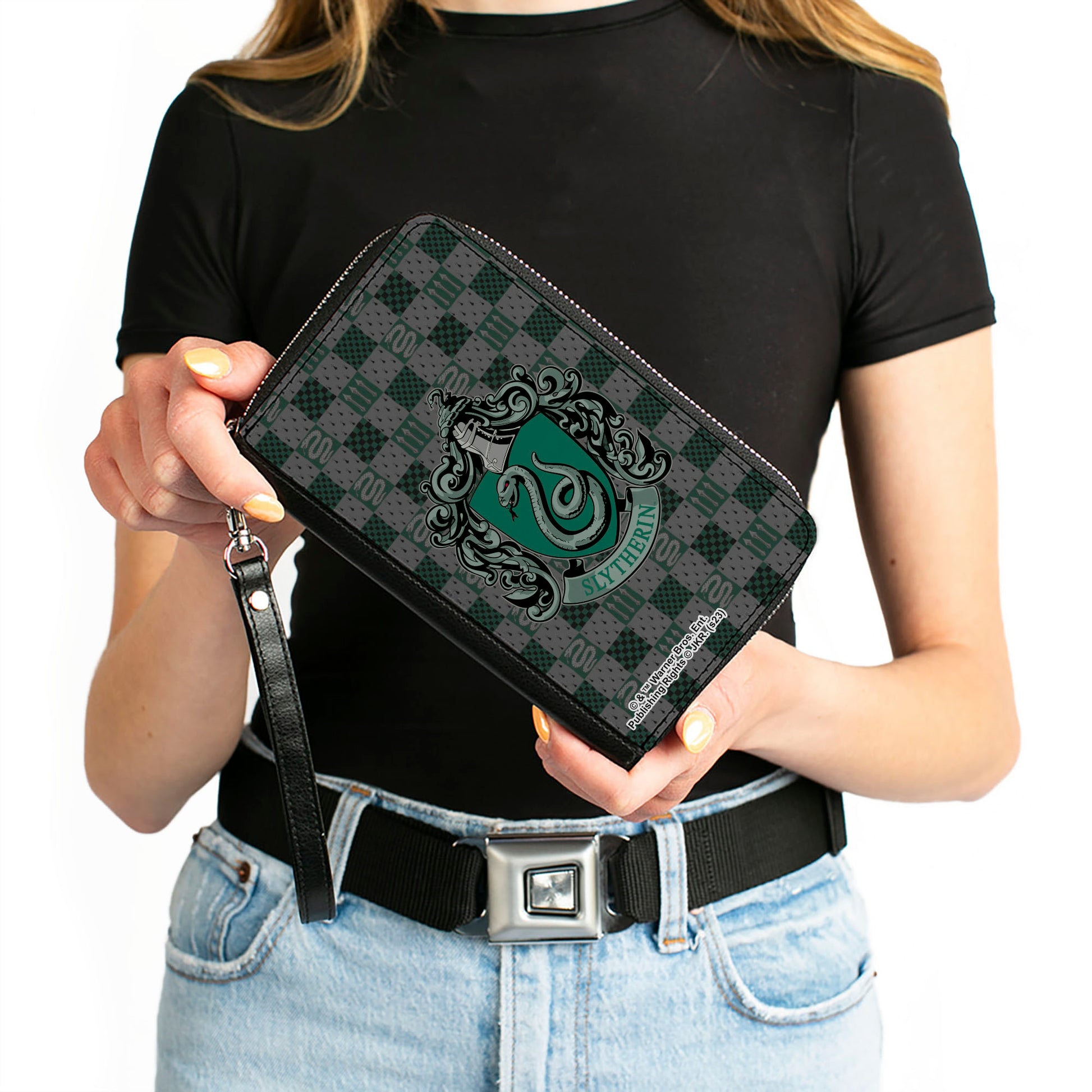 PU Zip Around Wallet Rectangle - Harry Potter SLYTHERIN Crest/Heraldry Checkers Gray/Greens Clutch Zip Around Wallets Harry Potter