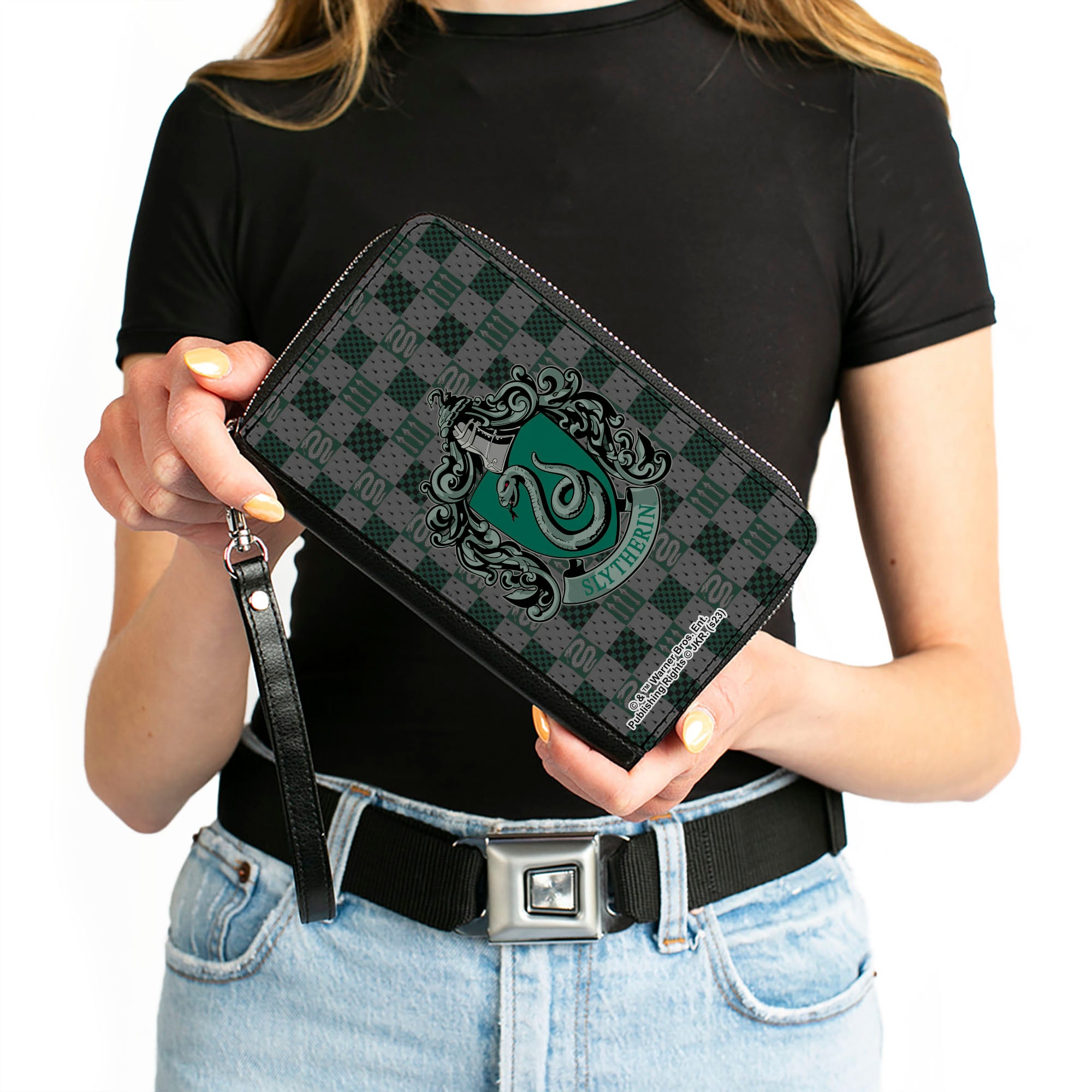PU Zip Around Wallet Rectangle - Harry Potter SLYTHERIN Crest/Heraldry Checkers Gray/Greens Clutch Zip Around Wallets Harry Potter