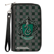 PU Zip Around Wallet Rectangle - Harry Potter SLYTHERIN Crest/Heraldry Checkers Gray/Greens Clutch Zip Around Wallets Harry Potter
