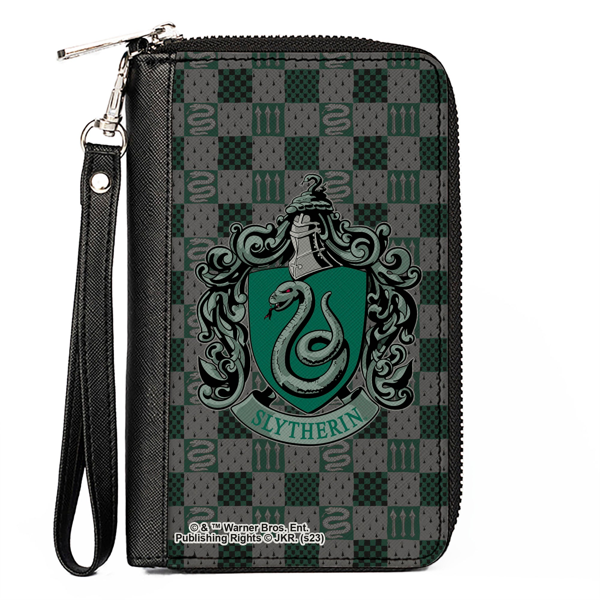 PU Zip Around Wallet Rectangle - Harry Potter SLYTHERIN Crest/Heraldry Checkers Gray/Greens Clutch Zip Around Wallets Harry Potter