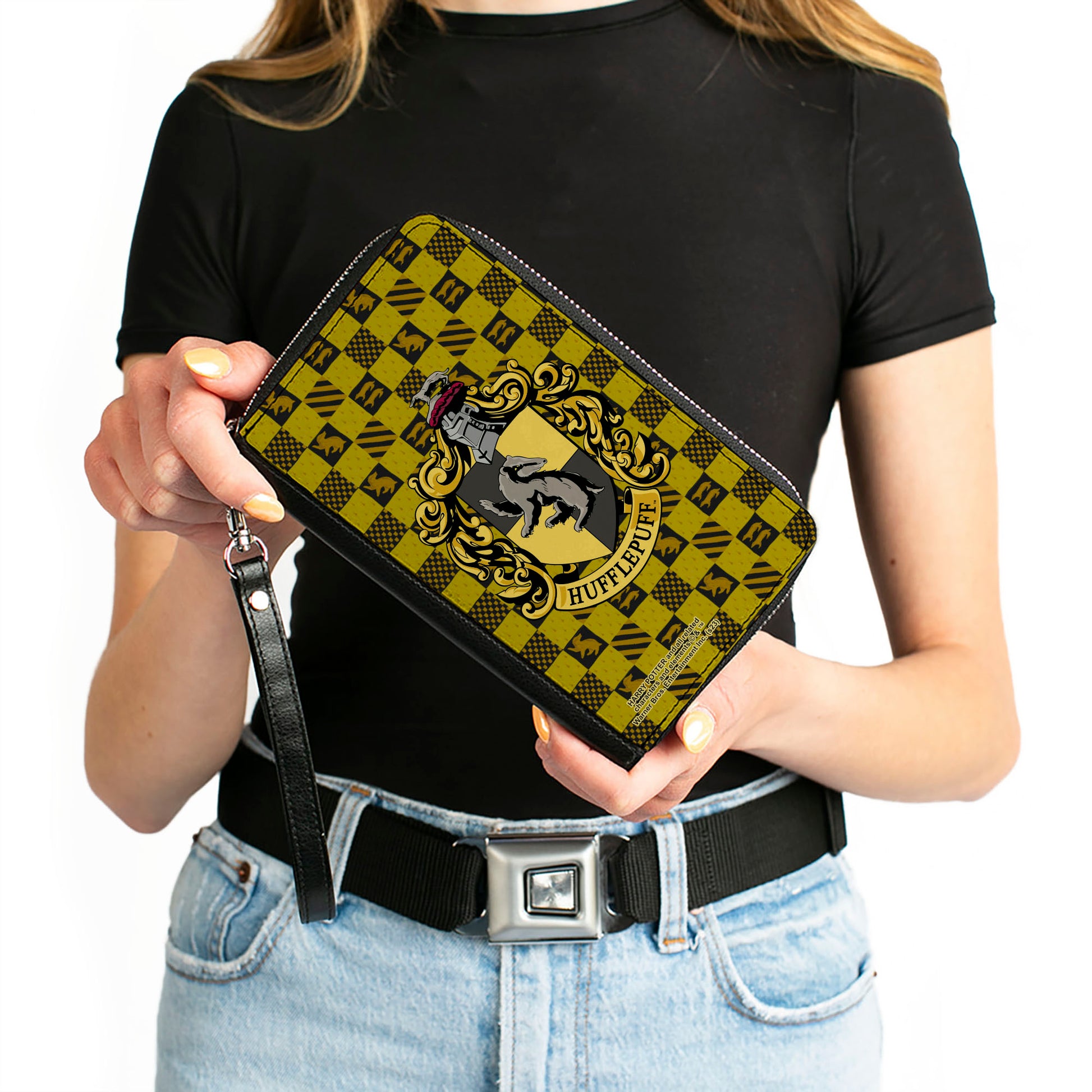 PU Zip Around Wallet Rectangle - Harry Potter HUFFLEPUFF Crest Heraldry Checkers Golds/Black Clutch Zip Around Wallets Harry Potter