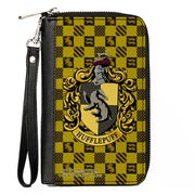 PU Zip Around Wallet Rectangle - Harry Potter HUFFLEPUFF Crest Heraldry Checkers Golds/Black Clutch Zip Around Wallets Harry Potter