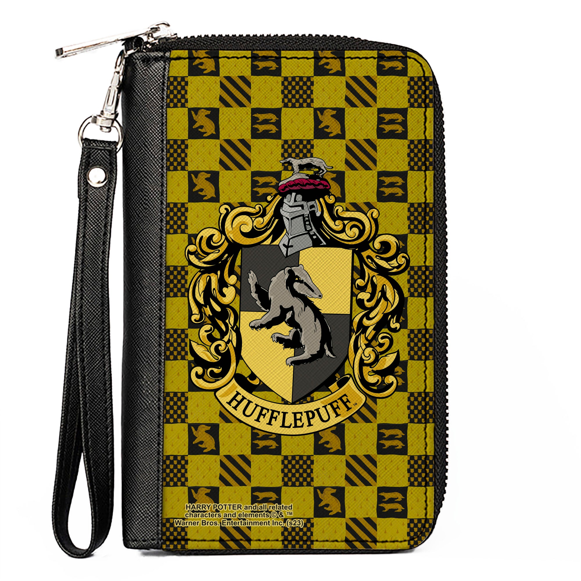 PU Zip Around Wallet Rectangle - Harry Potter HUFFLEPUFF Crest Heraldry Checkers Golds/Black Clutch Zip Around Wallets Harry Potter
