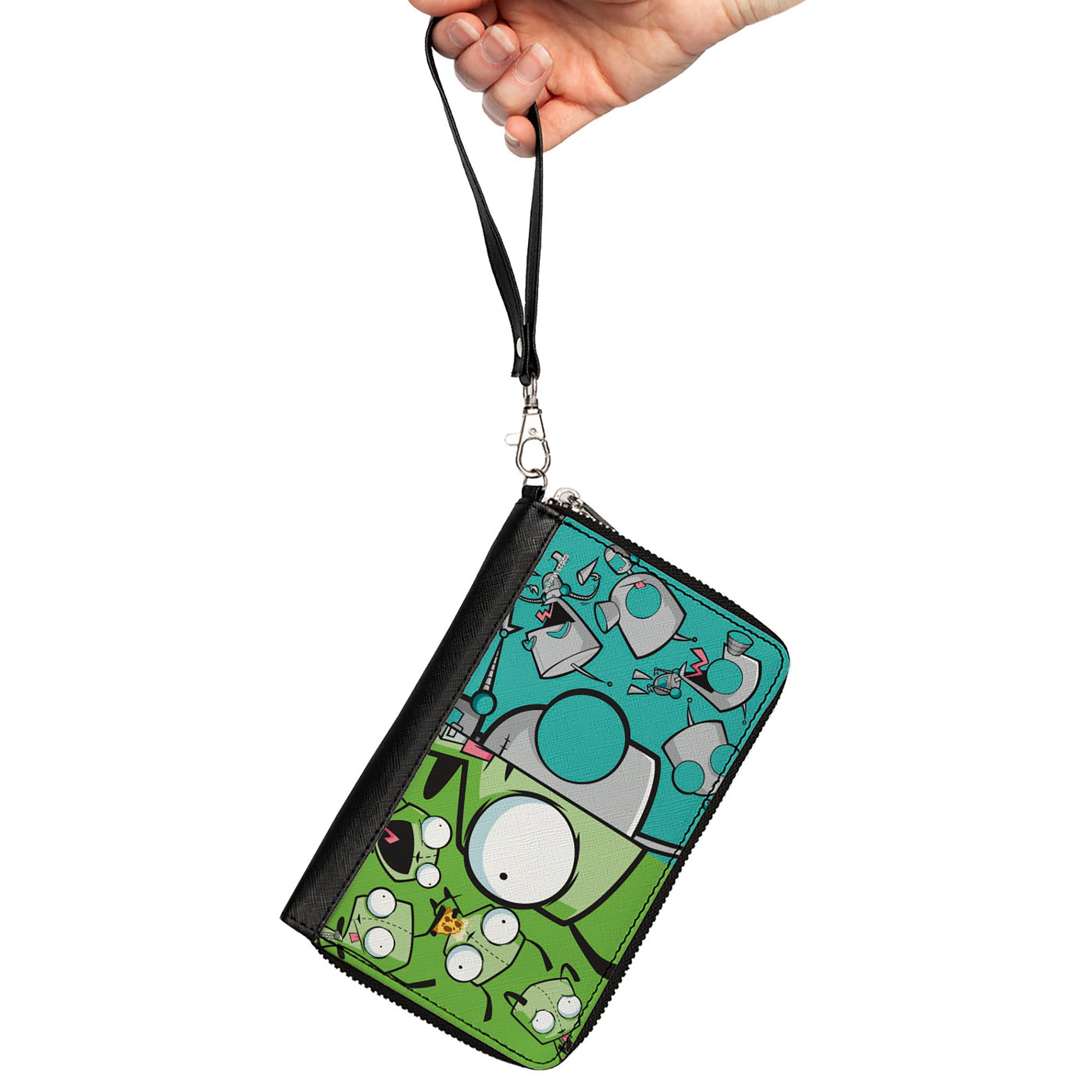 PU Zip Around Wallet Rectangle - Invader Zim GIR Split Close-Up and Poses Blue/Green Clutch Zip Around Wallets Invader Zim