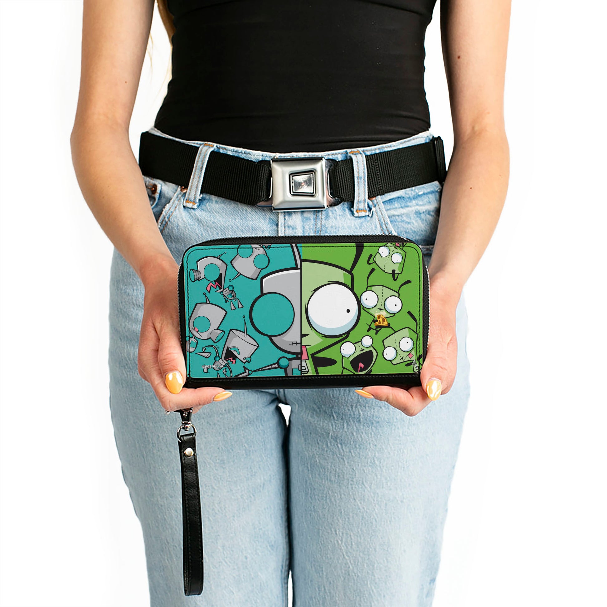 PU Zip Around Wallet Rectangle - Invader Zim GIR Split Close-Up and Poses Blue/Green Clutch Zip Around Wallets Invader Zim