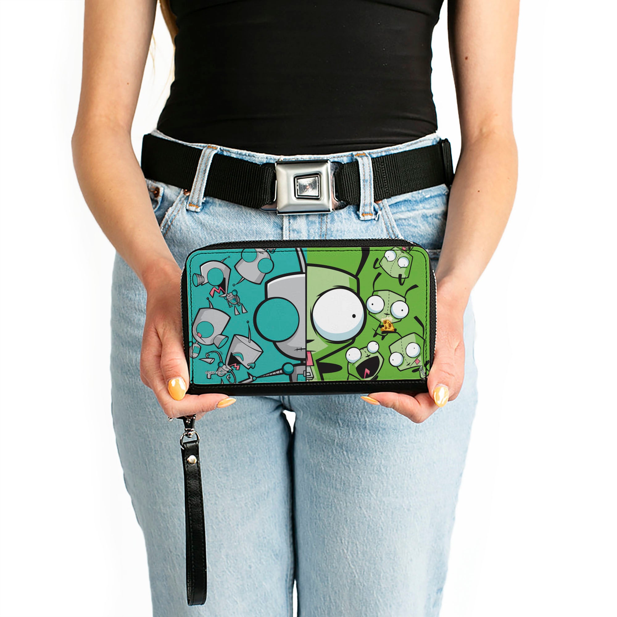 PU Zip Around Wallet Rectangle - Invader Zim GIR Split Close-Up and Poses Blue/Green Clutch Zip Around Wallets Invader Zim