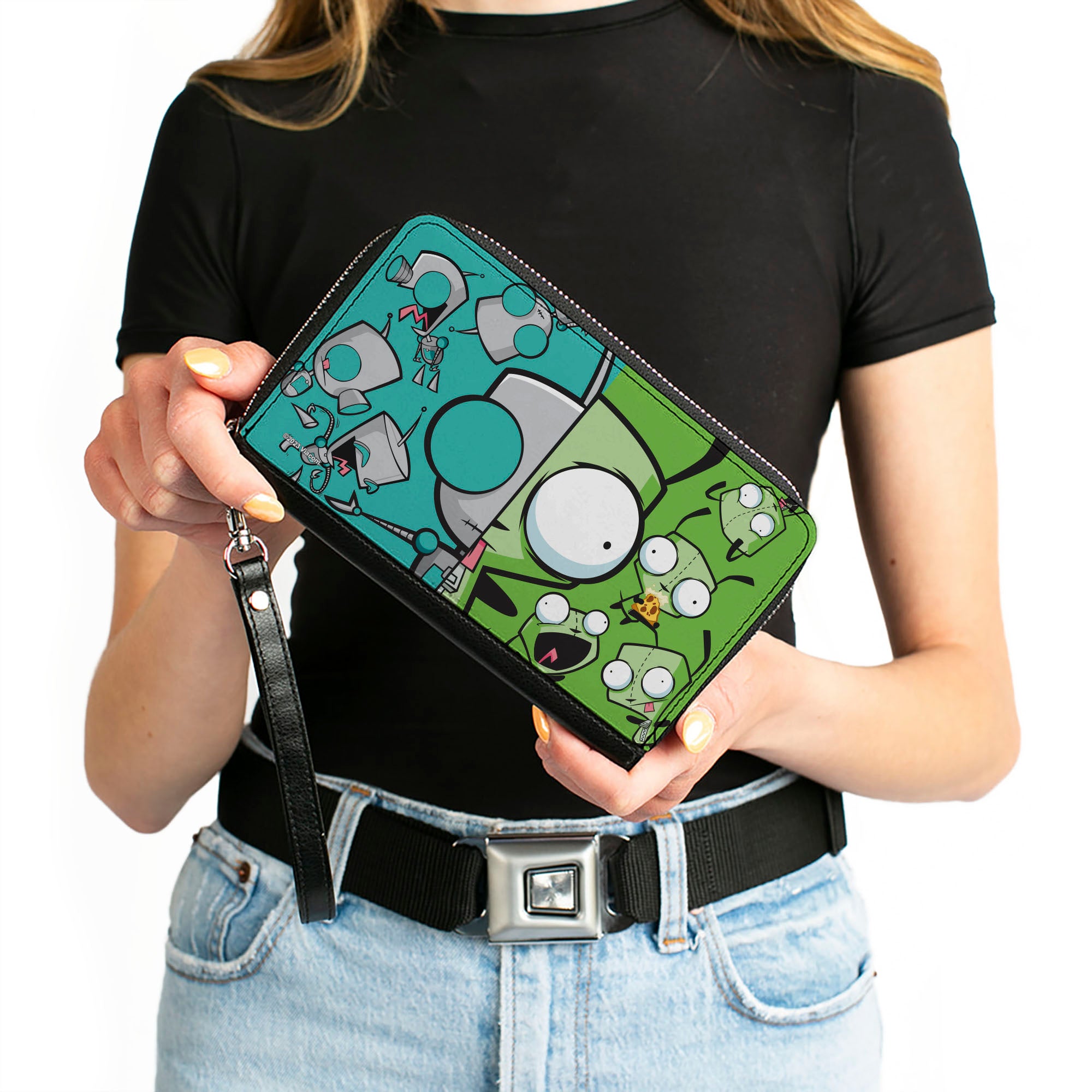 PU Zip Around Wallet Rectangle - Invader Zim GIR Split Close-Up and Poses Blue/Green Clutch Zip Around Wallets Invader Zim