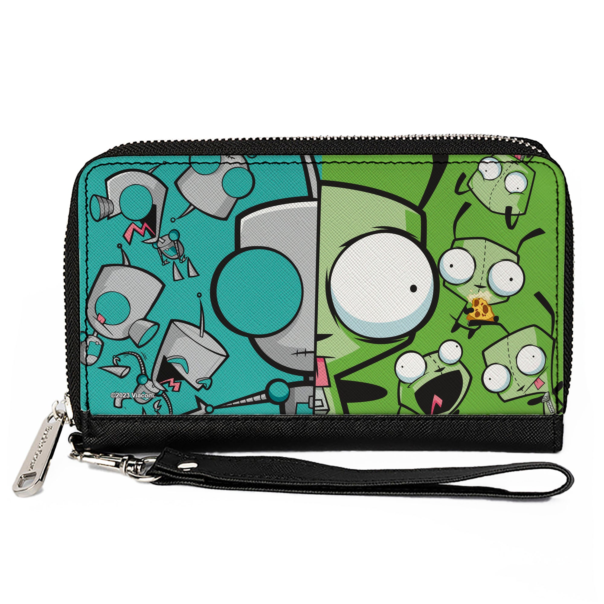 PU Zip Around Wallet Rectangle - Invader Zim GIR Split Close-Up and Poses Blue/Green Clutch Zip Around Wallets Invader Zim