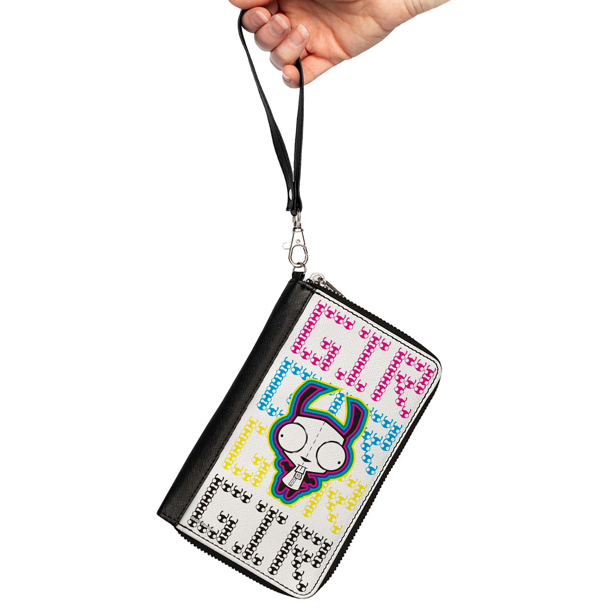 PU Zip Around Wallet Rectangle - Invader Zim GIR Pose and Text White/Multi Color Clutch Zip Around Wallets Invader Zim