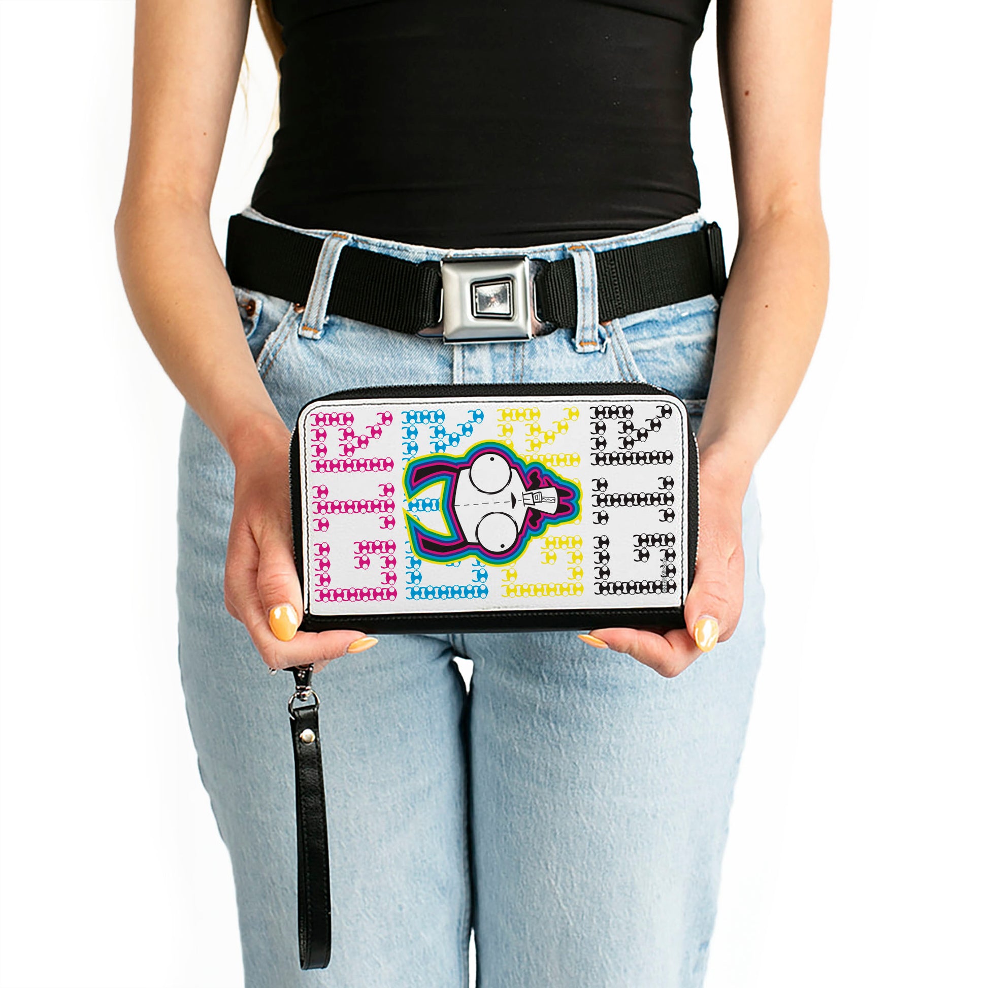PU Zip Around Wallet Rectangle - Invader Zim GIR Pose and Text White/Multi Color Clutch Zip Around Wallets Invader Zim